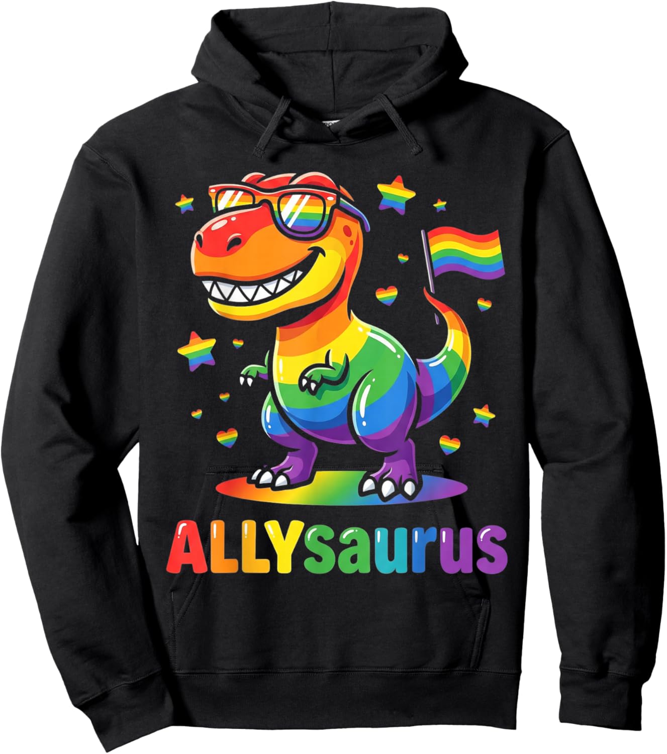 Allysaurus Dinosaur LGBTQ Ally Pride Support Rainbow Flag Hoodie - Hoodie | Black