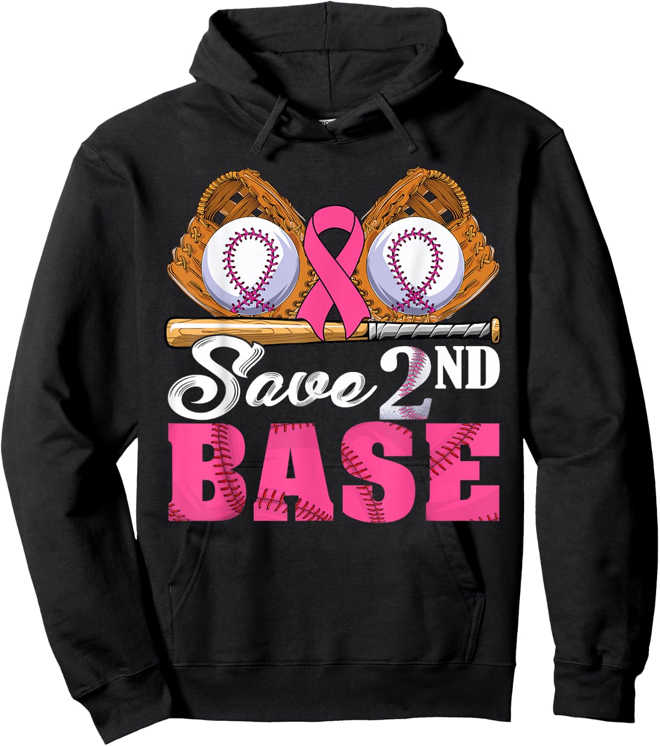 Save Second 2nd Base Breast Cancer Awareness Month Baseball Hoodie - Hoodie | Black