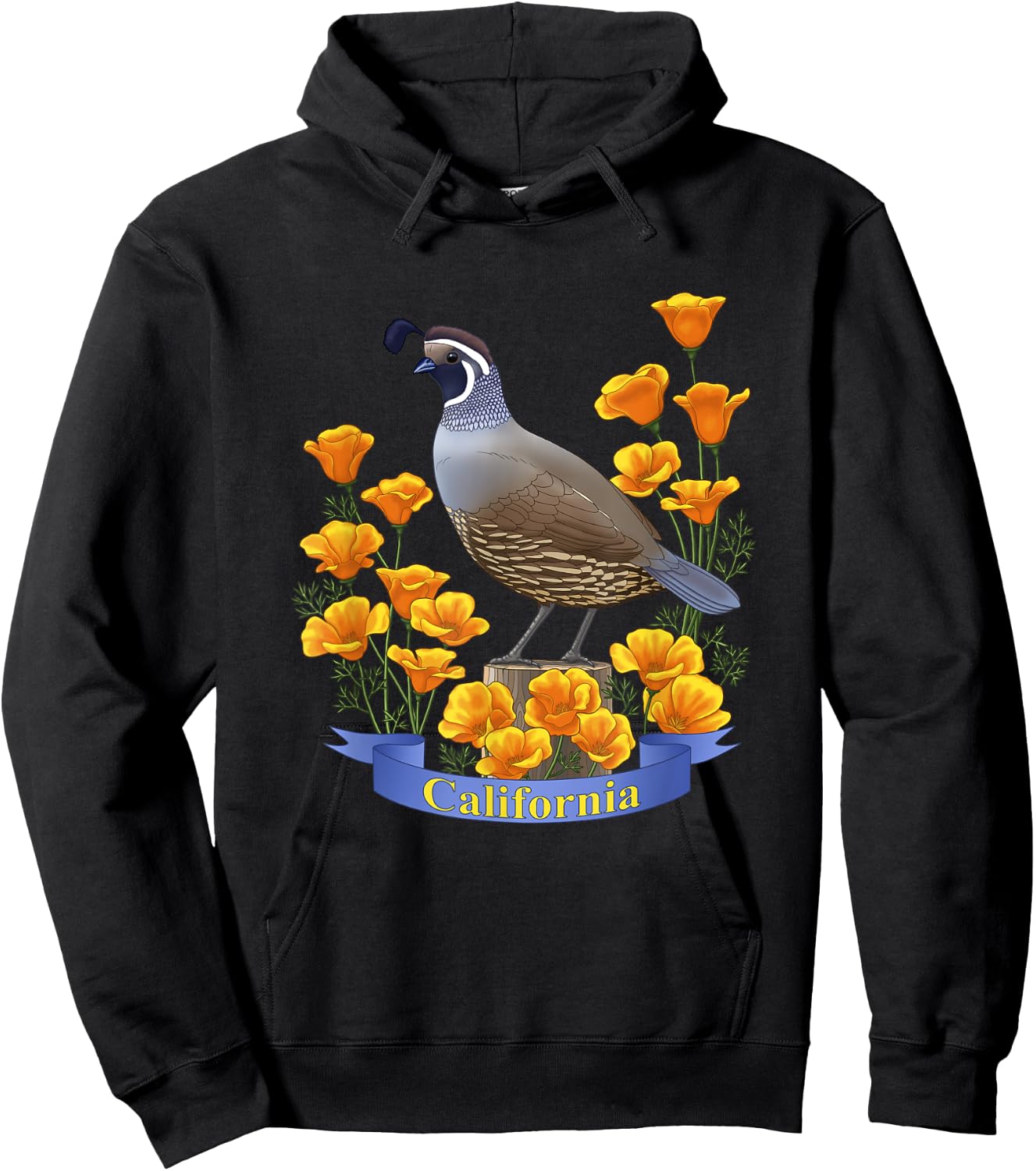California Valley Quail State Bird & Golden Poppy Flowers Hoodie - Hoodie | Black