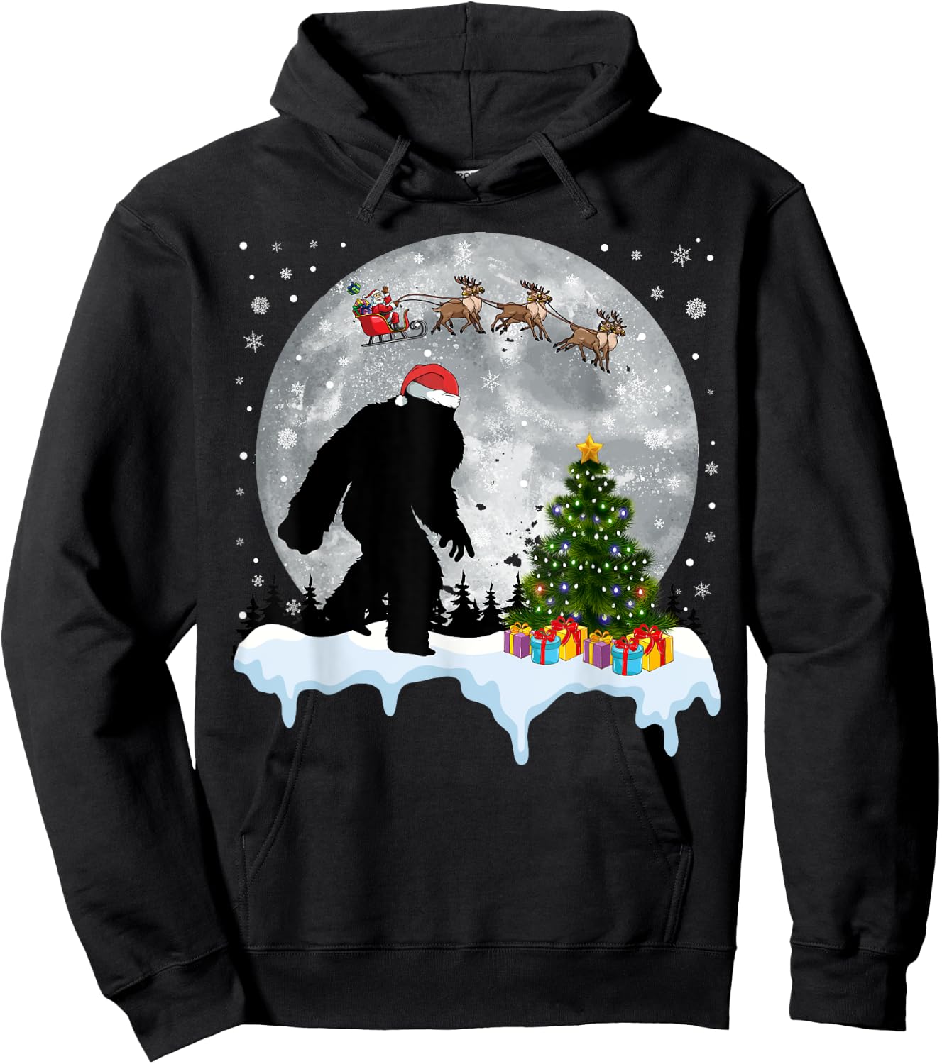 Christmas Bigfoot Santa Tree Sleigh Moon Reindeer Snow Hoodie - Hoodie | Black
