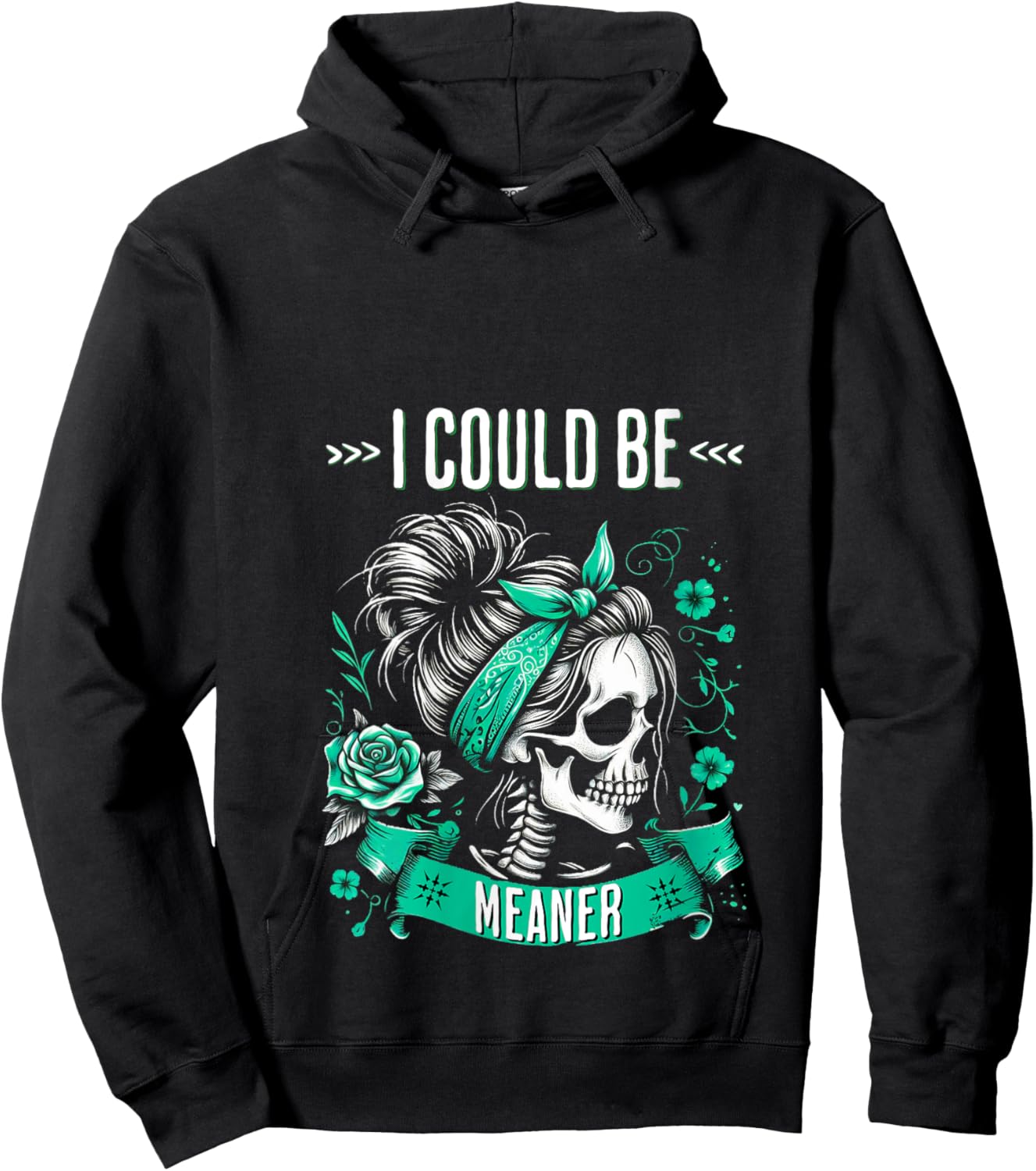 Vintage Funny Sarcastic Messy Bun Skeleton I Could Be Meaner V-Neck Hoodie - Hoodie | Black