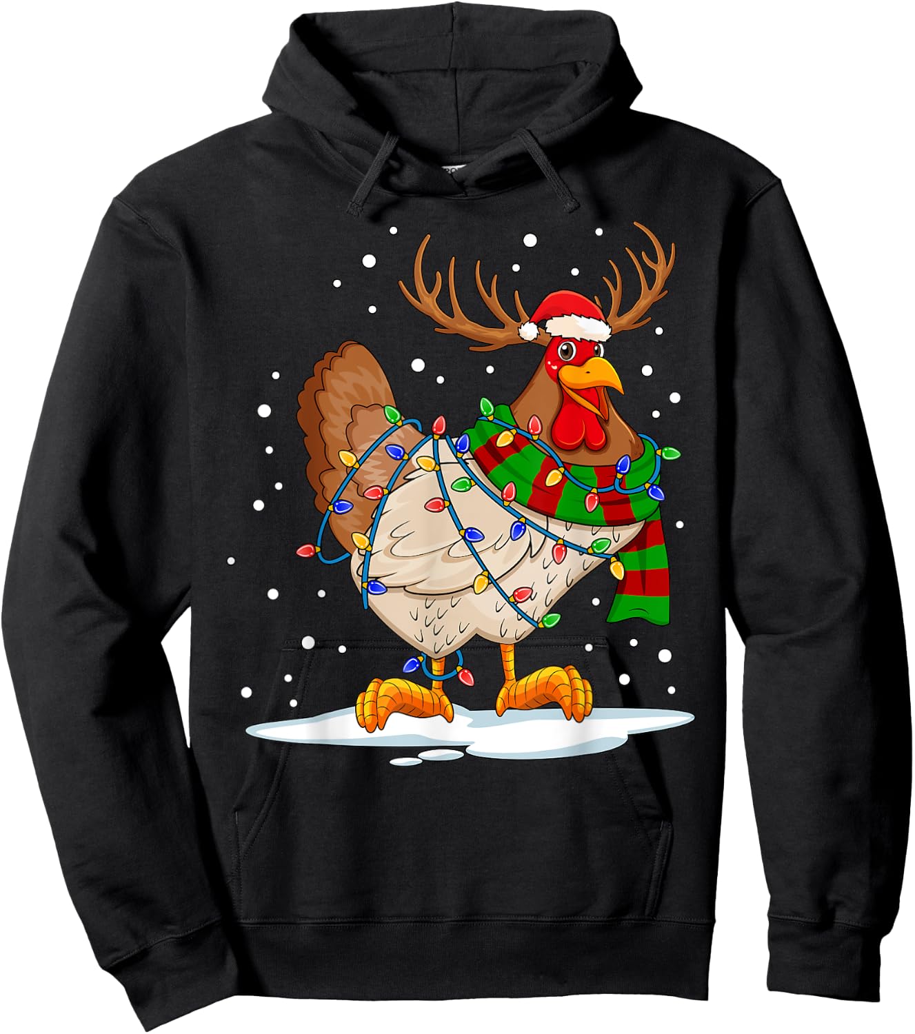 Funny Chicken Christmas Reindeer Christmas Lights Pajama Hoodie - Hoodie | Black
