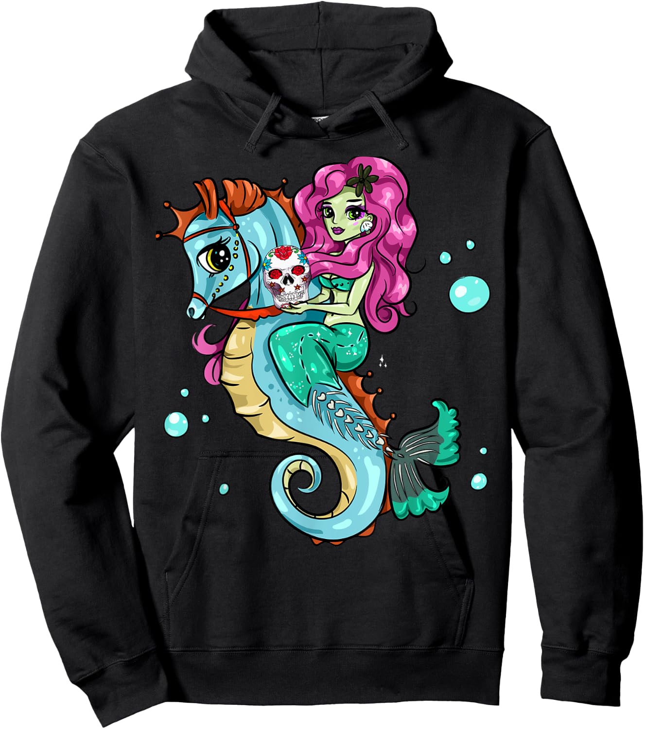 Halloween Skeleton Mermaid Sugar Skull Sea Horse Hoodie - Hoodie | Black