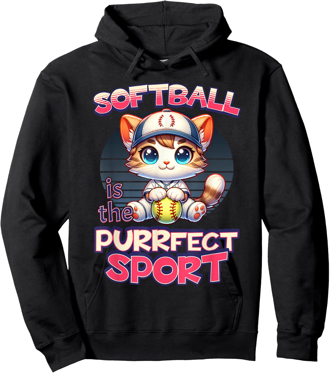 Softball is the Purrfect Sport Cute Kitty Cat Kitten Graphic Women Girls Kids Hoodie - Hoodie | Black