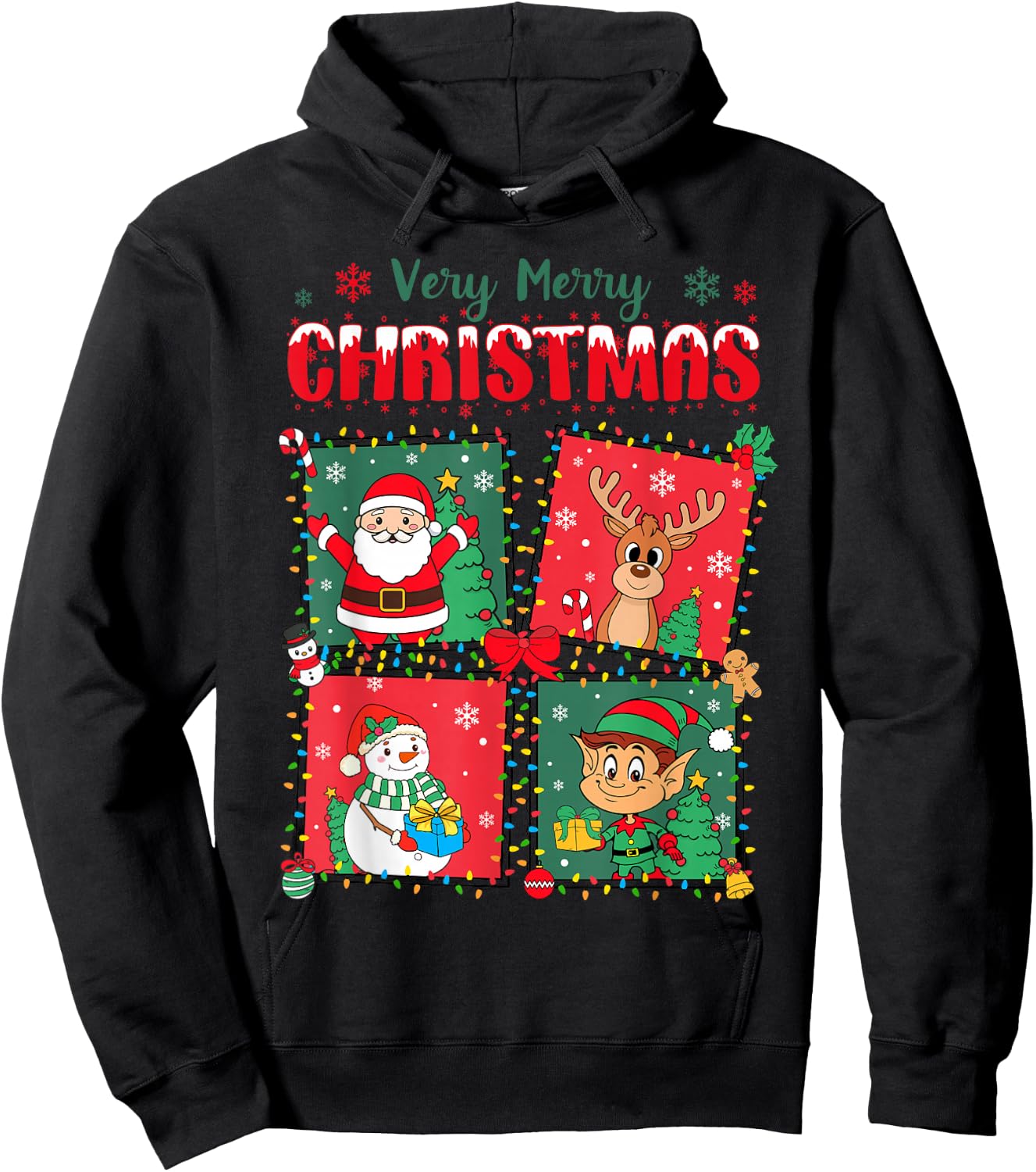 Very Merry Christmas Santa, Reindeer, Snowman, Elf Xmas Cute Hoodie - Hoodie | Black