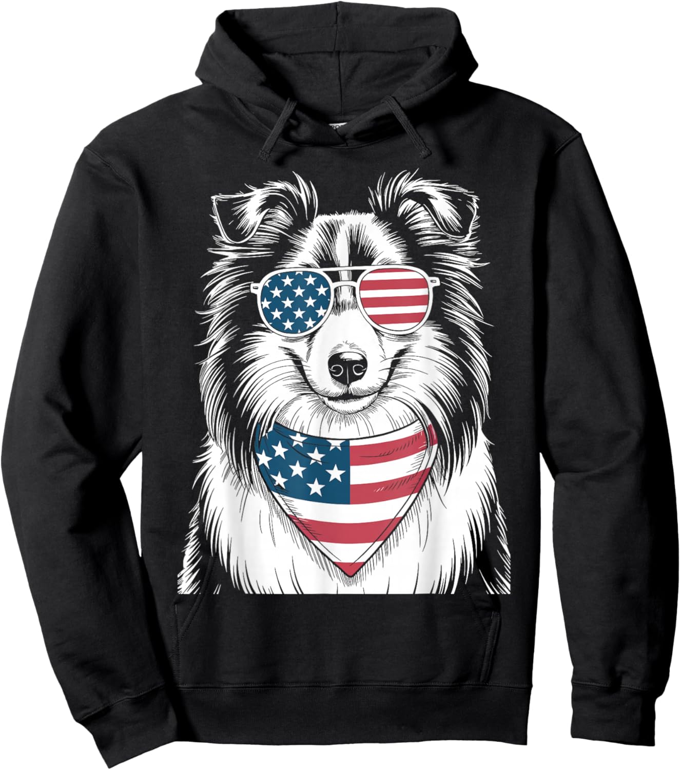 Shetland Sheepdog Dog USA Flag Patriotic 4th of July Men Women Kids Hoodie - Hoodie | Black