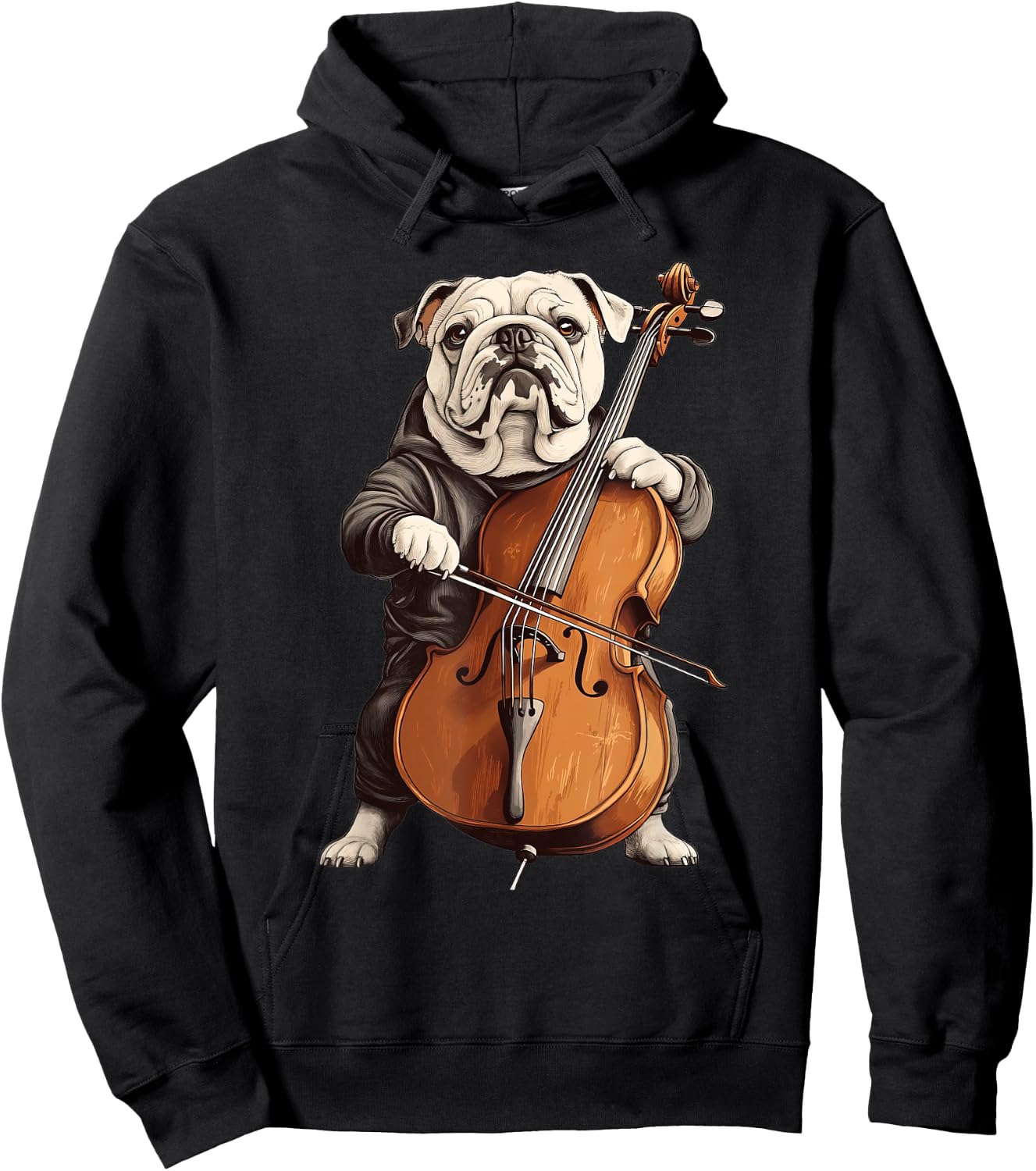 Cute English Bulldog Dog Playing Cello Musician Music Women Kids Hoodie - Hoodie | Black