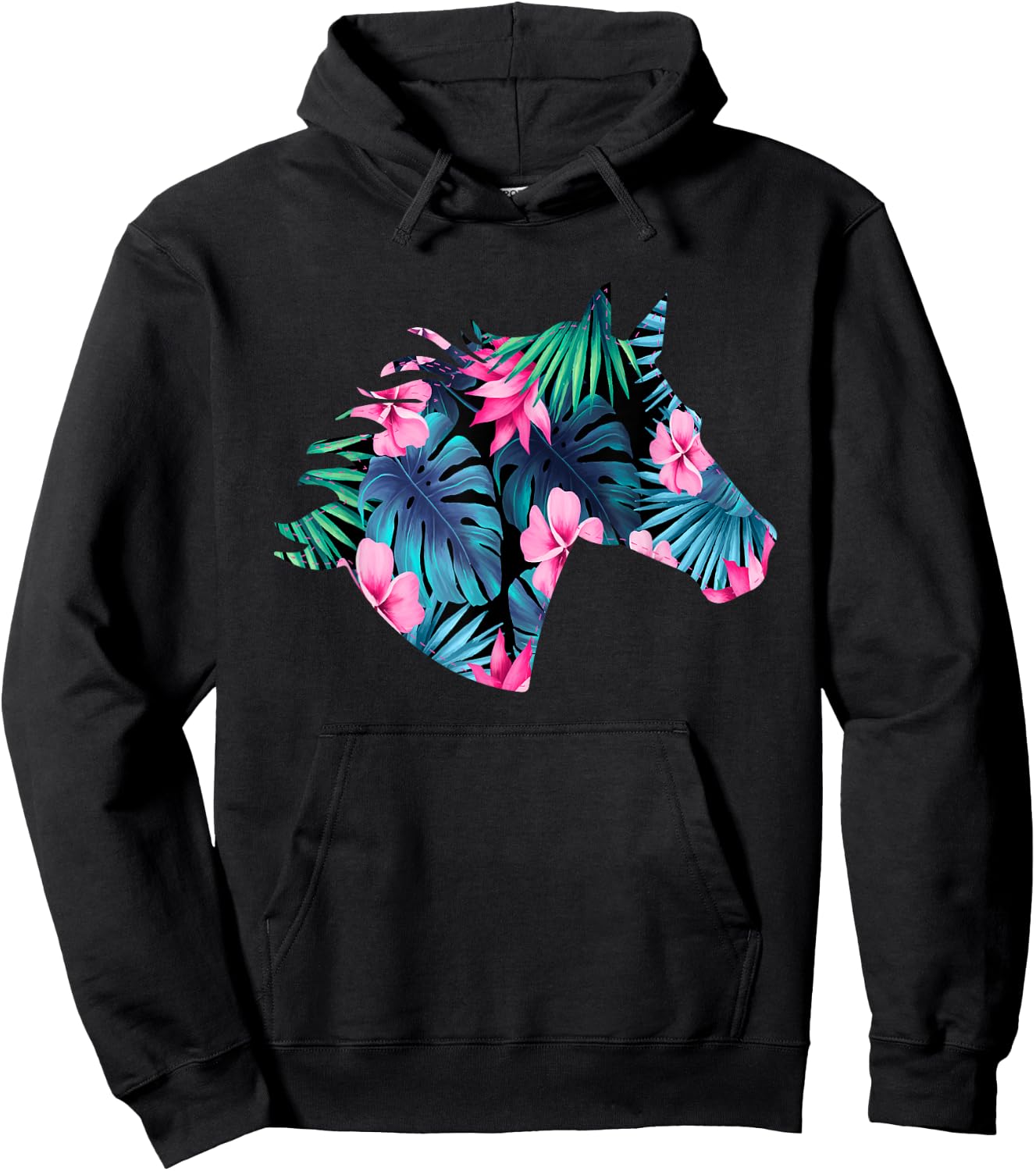 Horse Silhouette | For Horse Lover | Hawaiian Floral Hoodie - Hoodie | Black