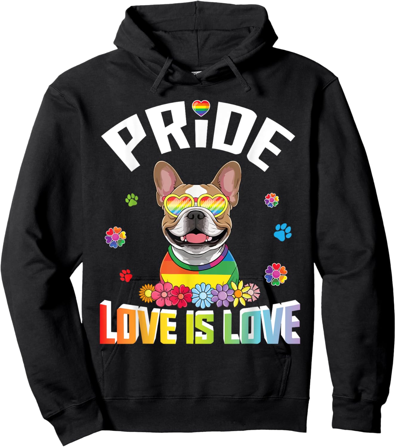 Heart Sunglasses Frenchie Pride Love Is Love Rainbow LGBTQ Hoodie - Hoodie | Black