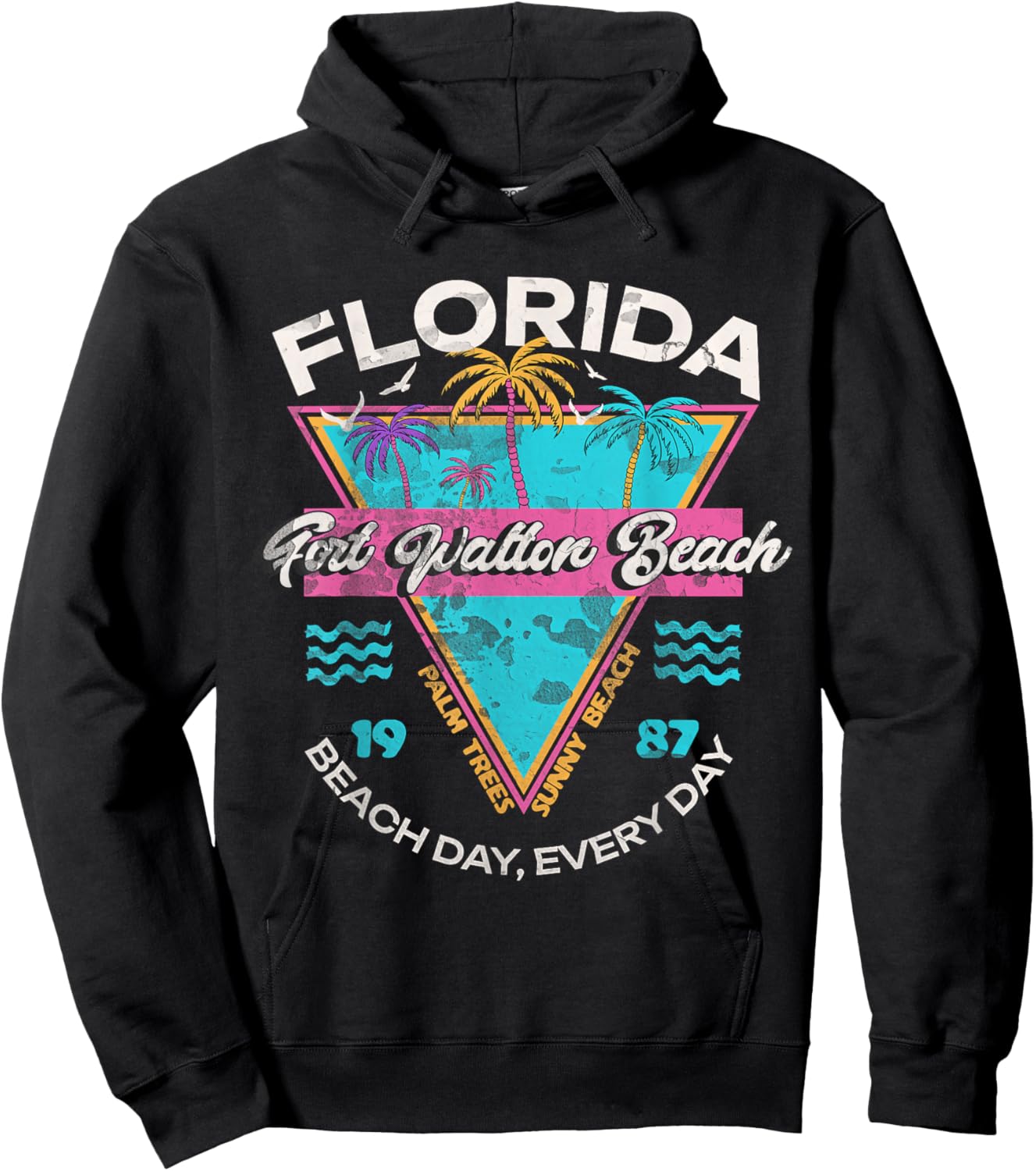 Fort Walton Beach Florida Vintage 80s Palm Tree Souvenir Hoodie - Hoodie | Black