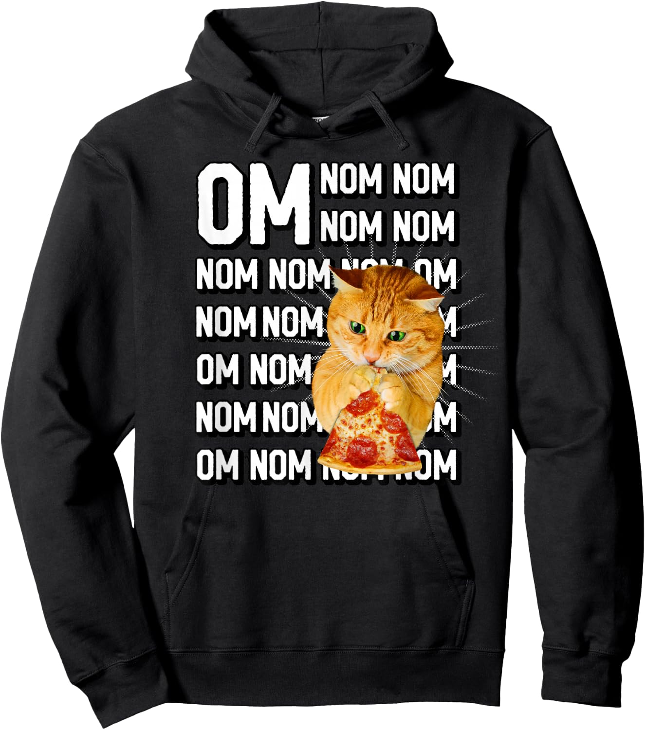 Funny Om Nom Nom Orange Cat Eating Pepperoni Pizza Hoodie - Hoodie | Black