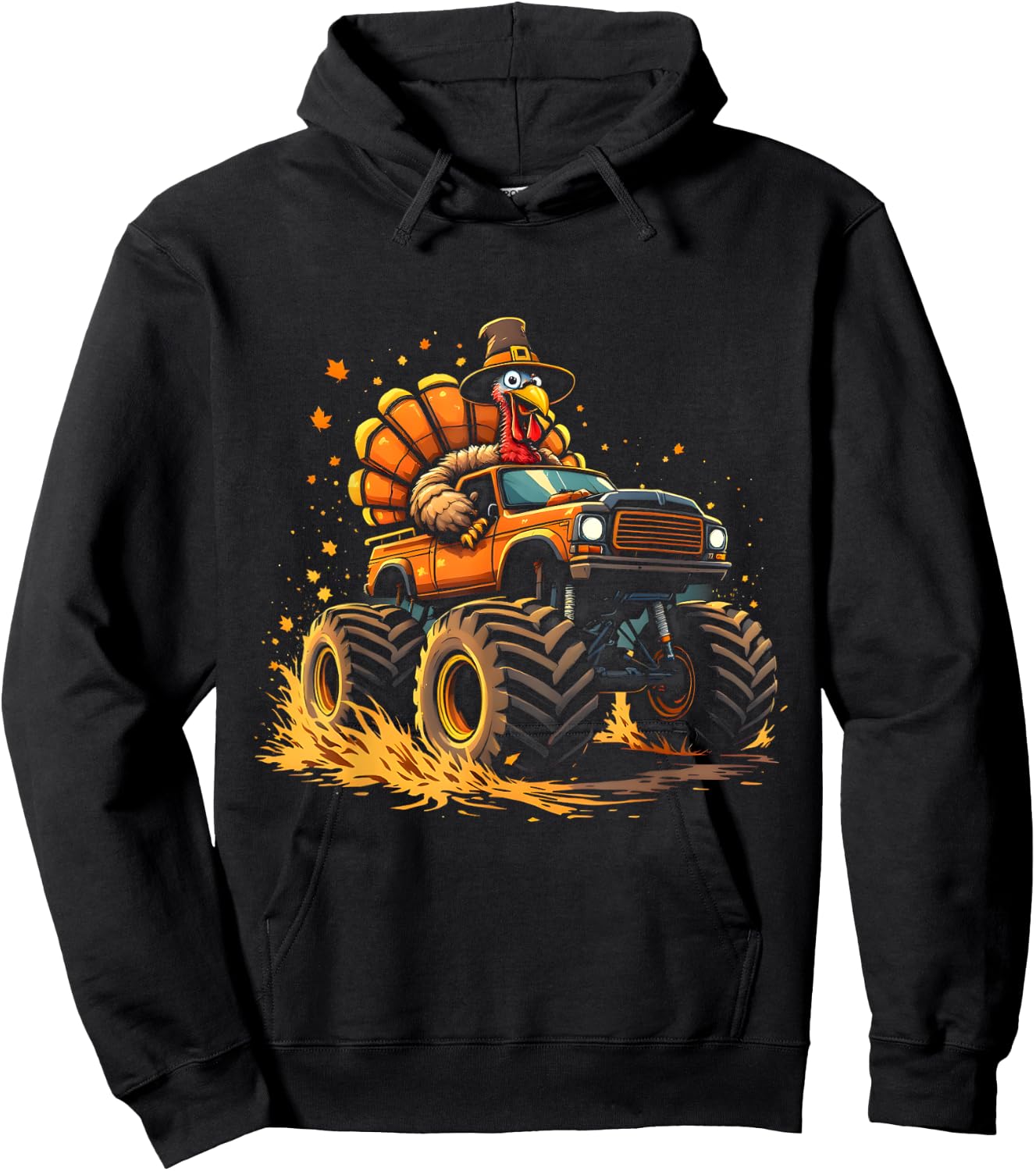 Funny Thanksgiving Turkey Riding Monster Truck Men Women Boy Hoodie - Hoodie | Black