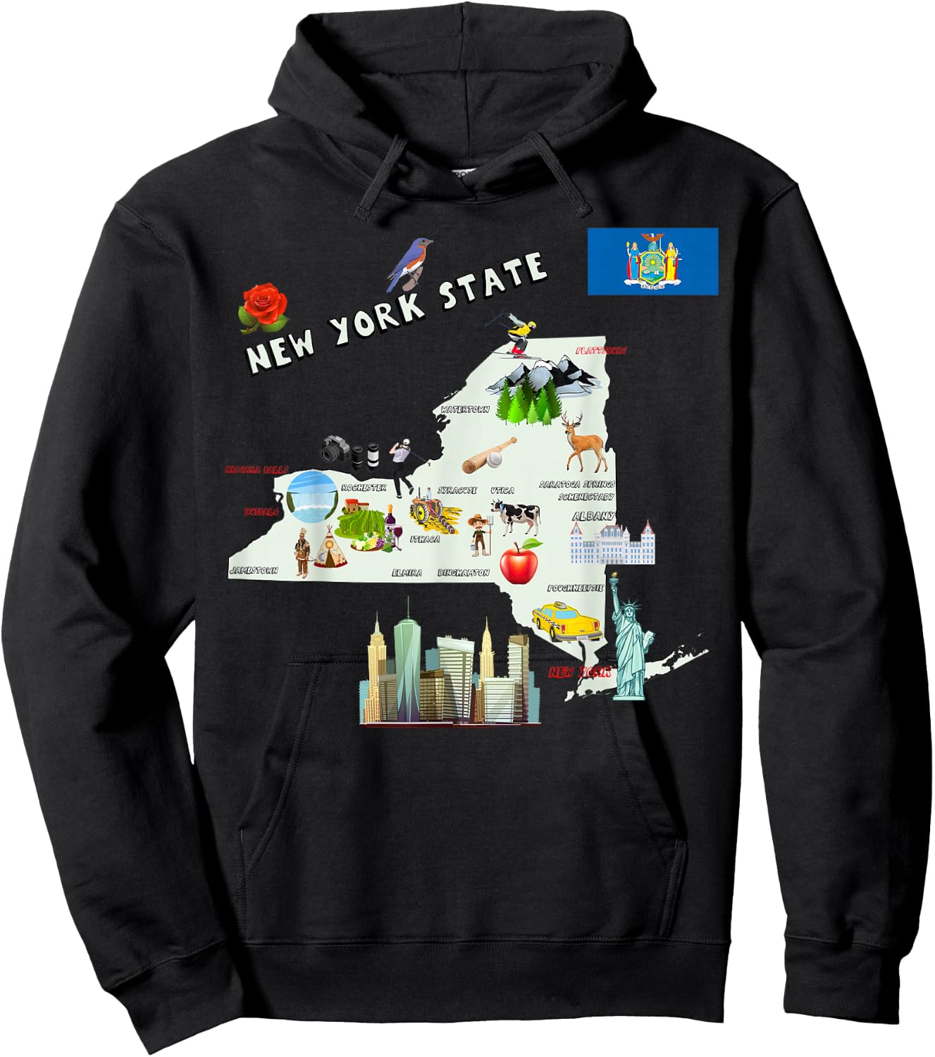 New York state map Attractions cities flag Hoodie - Hoodie | Black