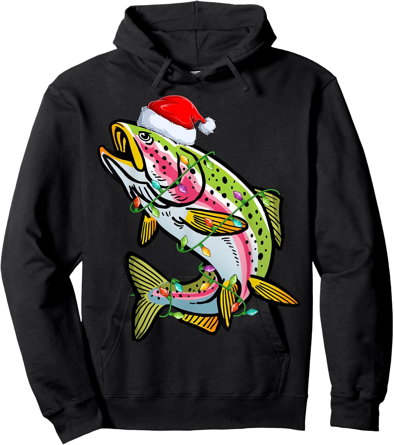 Xmas Lights Santa Hat Rainbow Trout Fish Christmas Hoodie - Hoodie | Black