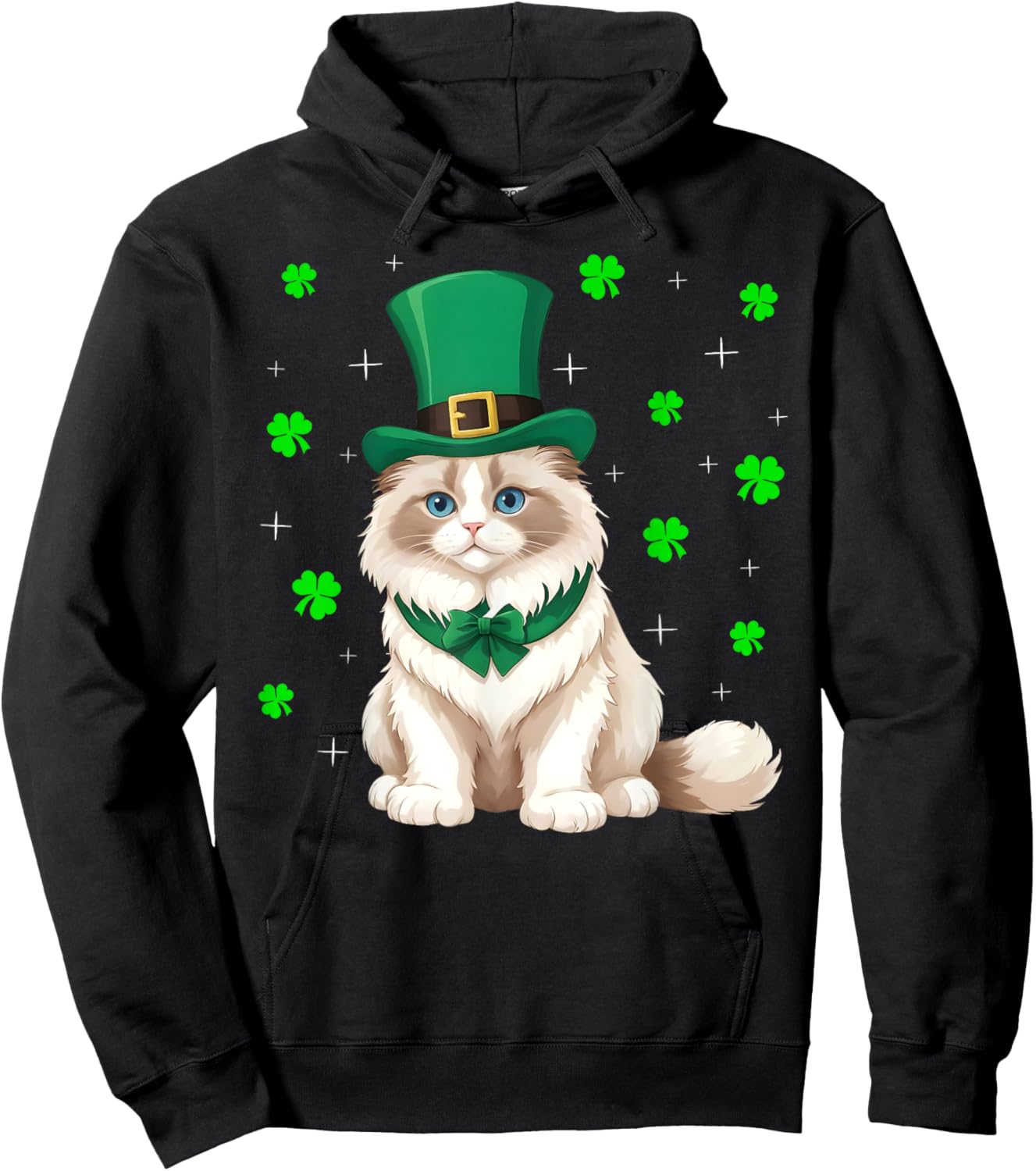 Irish Shamrock Leprechaun Hat Ragdoll Cat St Patrick's Day Men Women Kids Hoodie - Hoodie | Black