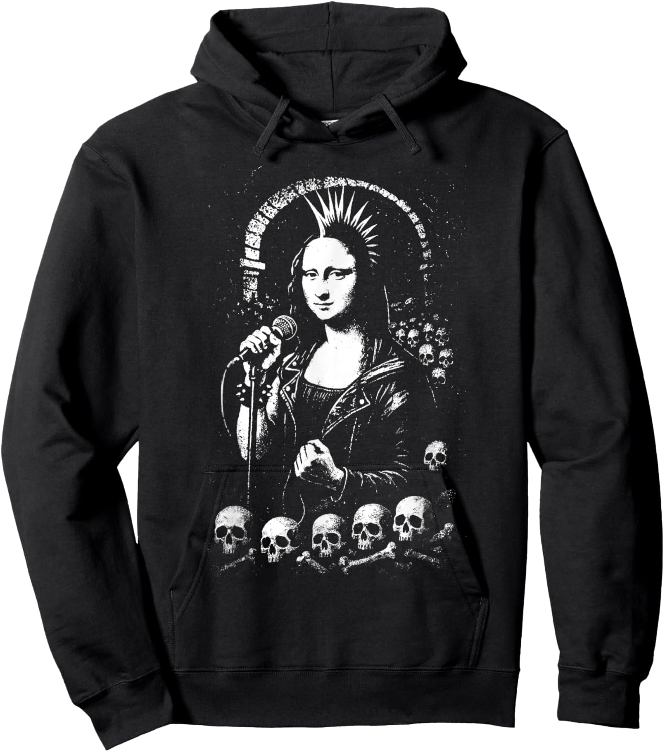 Distressed Punk Mona Lisa Graffiti Grunge Skull 90s Vintage Hoodie - Hoodie | Black