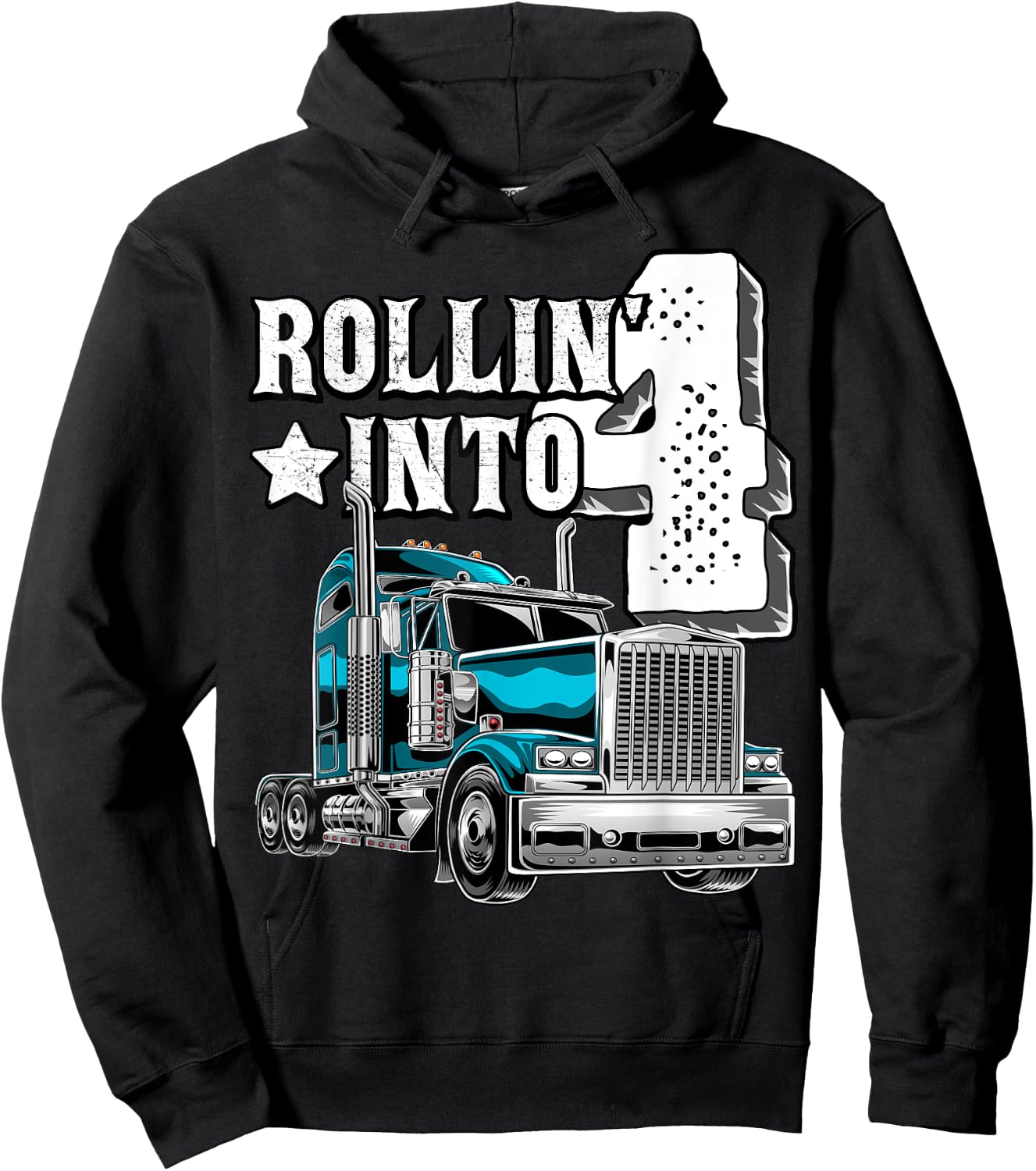 Rollin into 4 Big Rig Semi-Trailer Truck 4th Birthday Gift Hoodie - Hoodie | Black