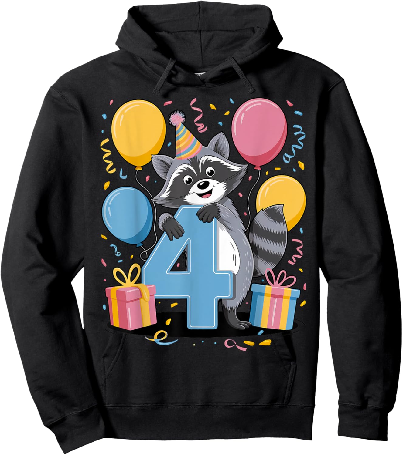 Raccoon 4th birthday for boy girl 4 years old fourth Raccoon Hoodie - Hoodie | Black
