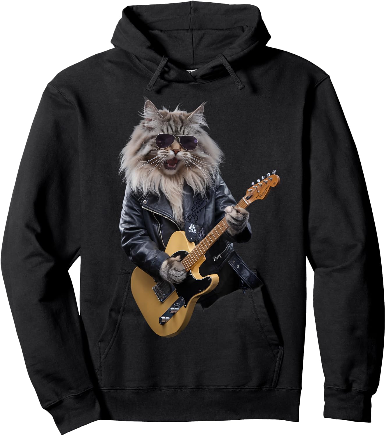 Cat Playing Guitar Rock Star Rock and Roll Women Kid Hoodie - Hoodie | Black