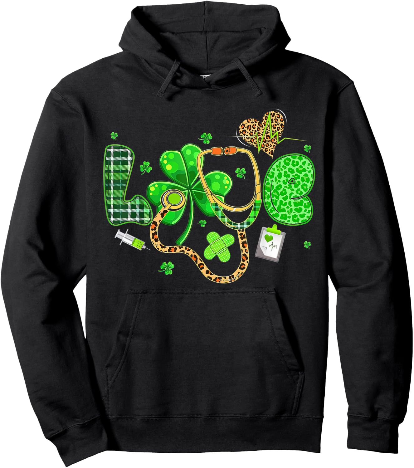 LOVE Nurse Leopard Stethoscope Shamrock St Patricks Day Hoodie - Hoodie | Black