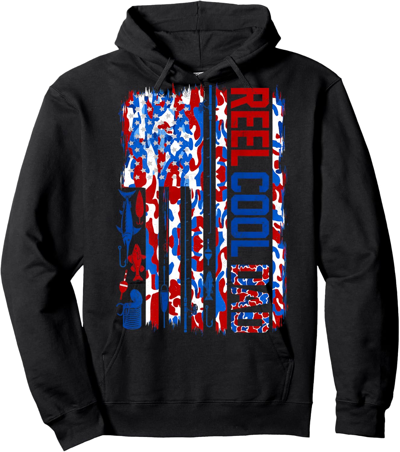 (ON Back) Patriotic Fisherman Reel Cool Dad Camo USA Flag Hoodie - Hoodie | Black