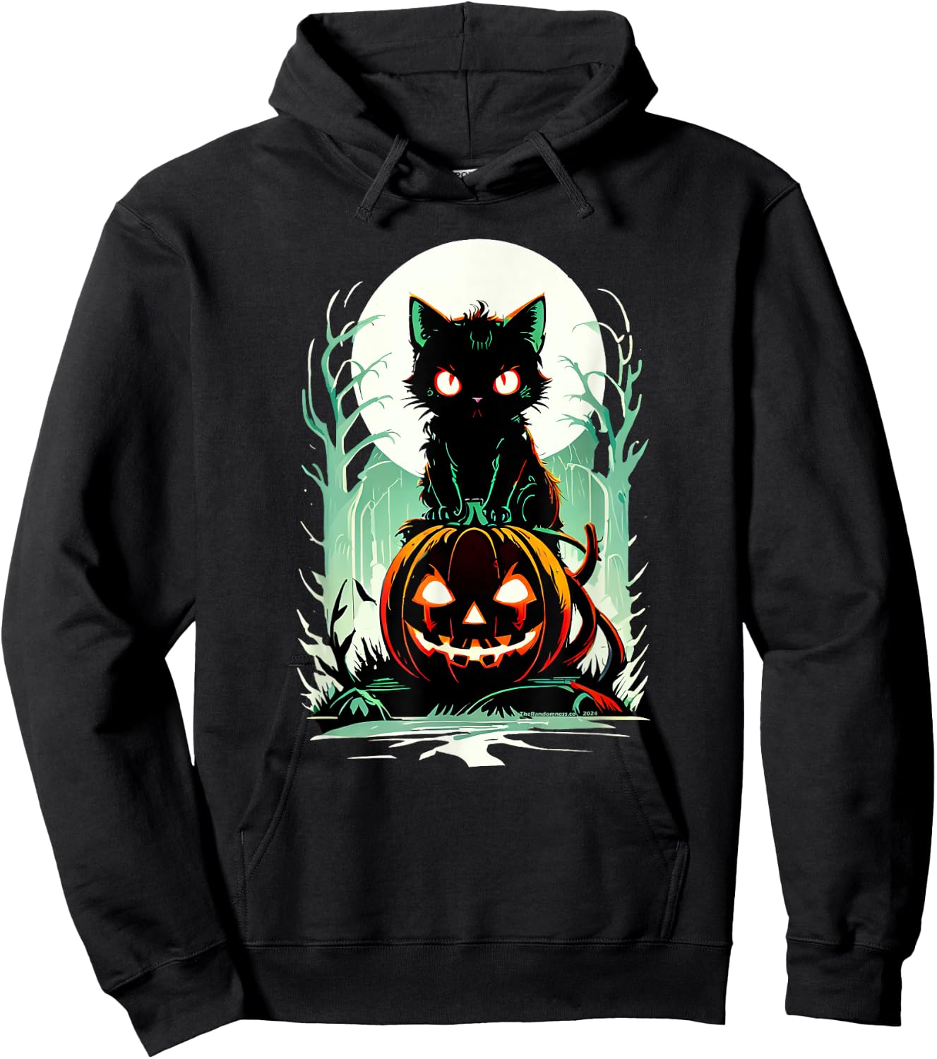 Spooky Black Cat on Pumpkin Under a Creepy Halloween Moon Hoodie - Hoodie | Black