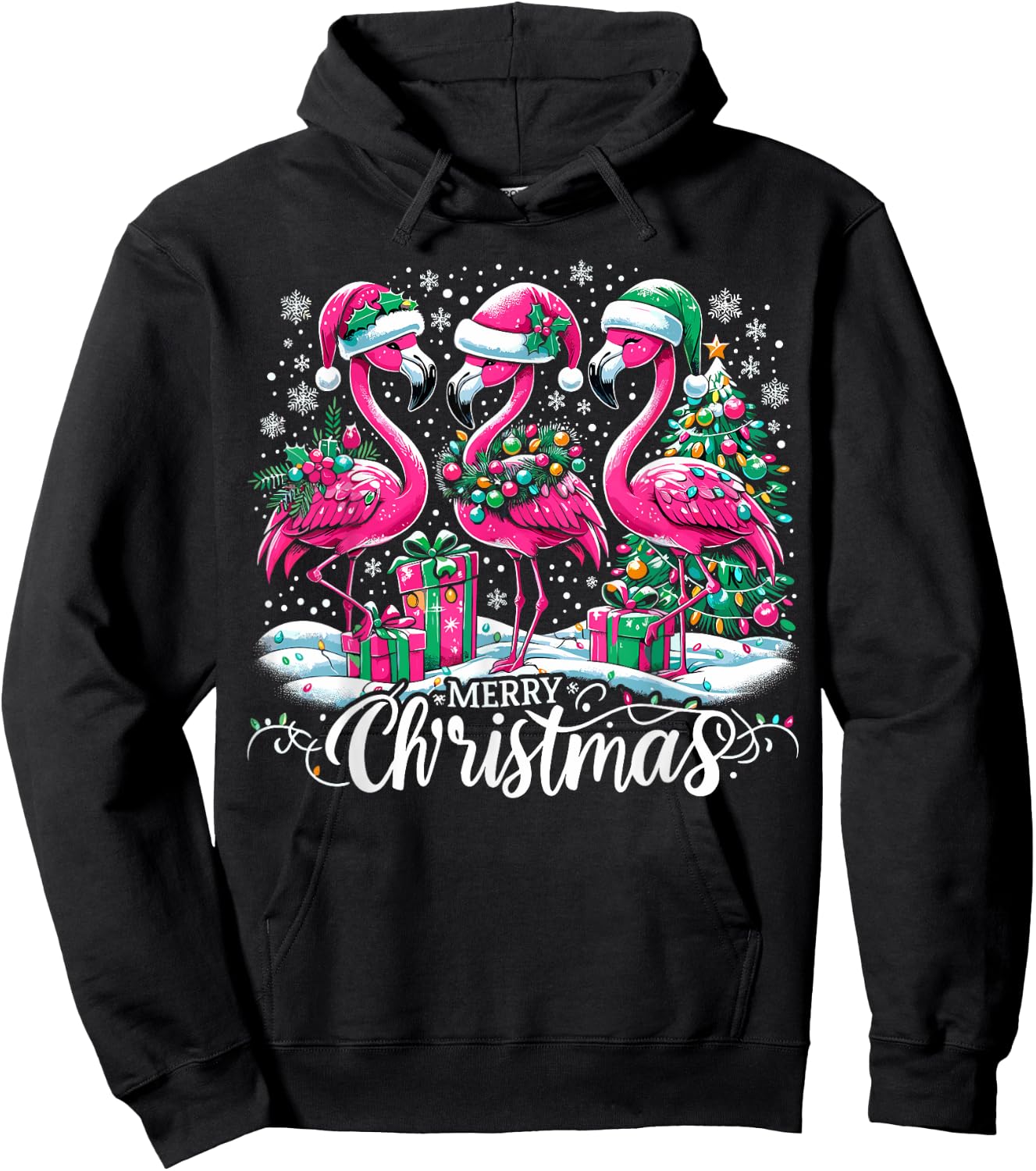Merry Christmas Hat Santa Flamingo Light Christmas Hoodie - Hoodie | Black
