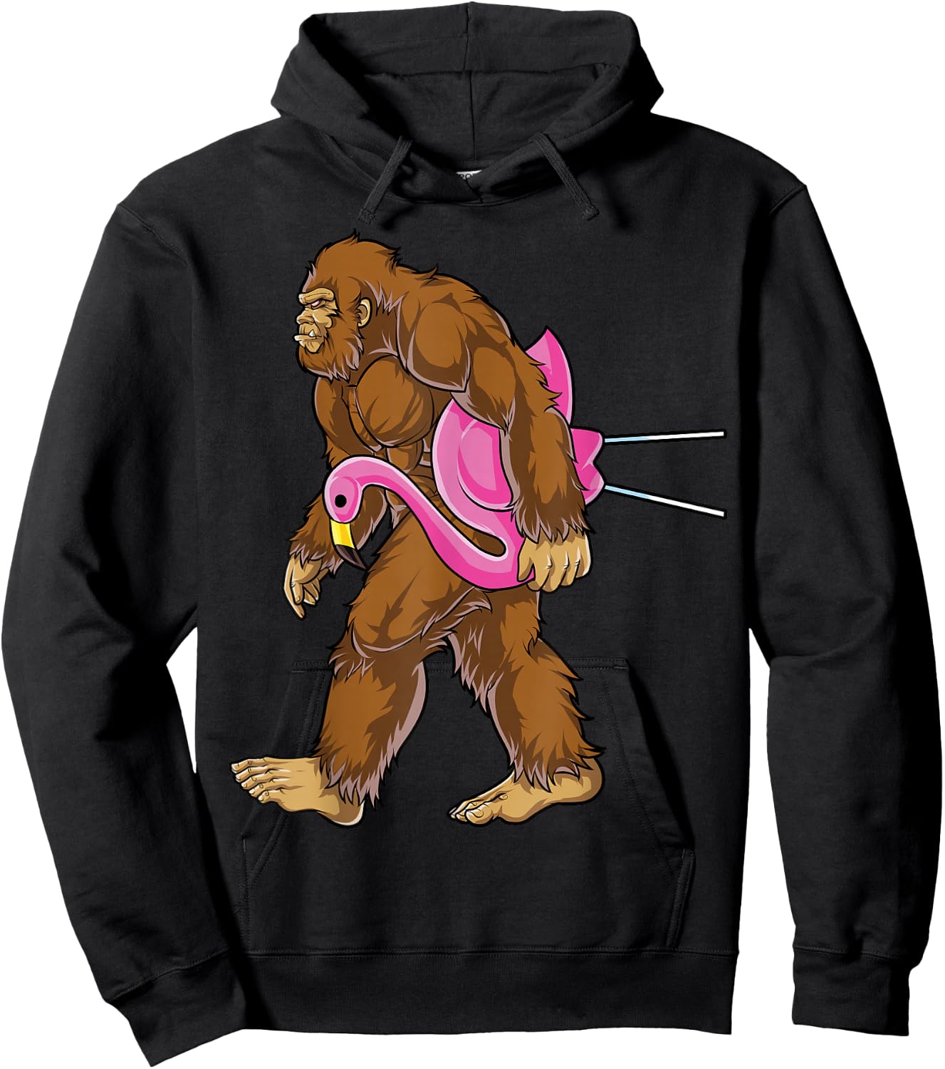 Bigfoot Carrying Lawn Flamingo Funny Men Women Sasquatch Hoodie - Hoodie | Black