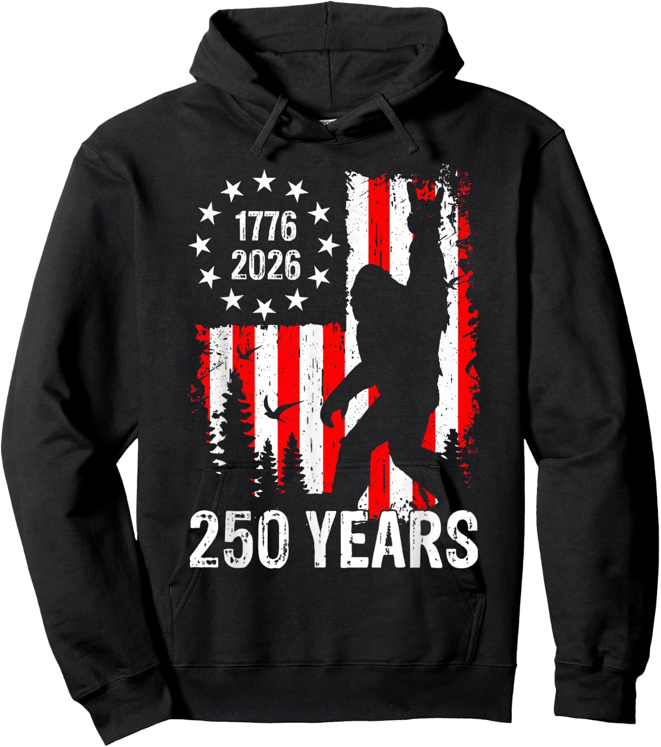 250 Years of America Bigfoot Patriotic USA American Flag Hoodie - Hoodie | Black