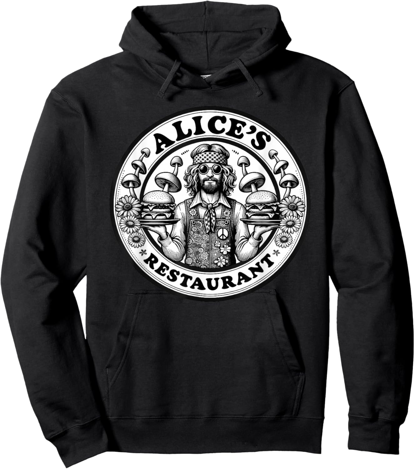 Retro Hippie Mushroom Hamburger Waiter Alice's Restaurant Hoodie - Hoodie | Black