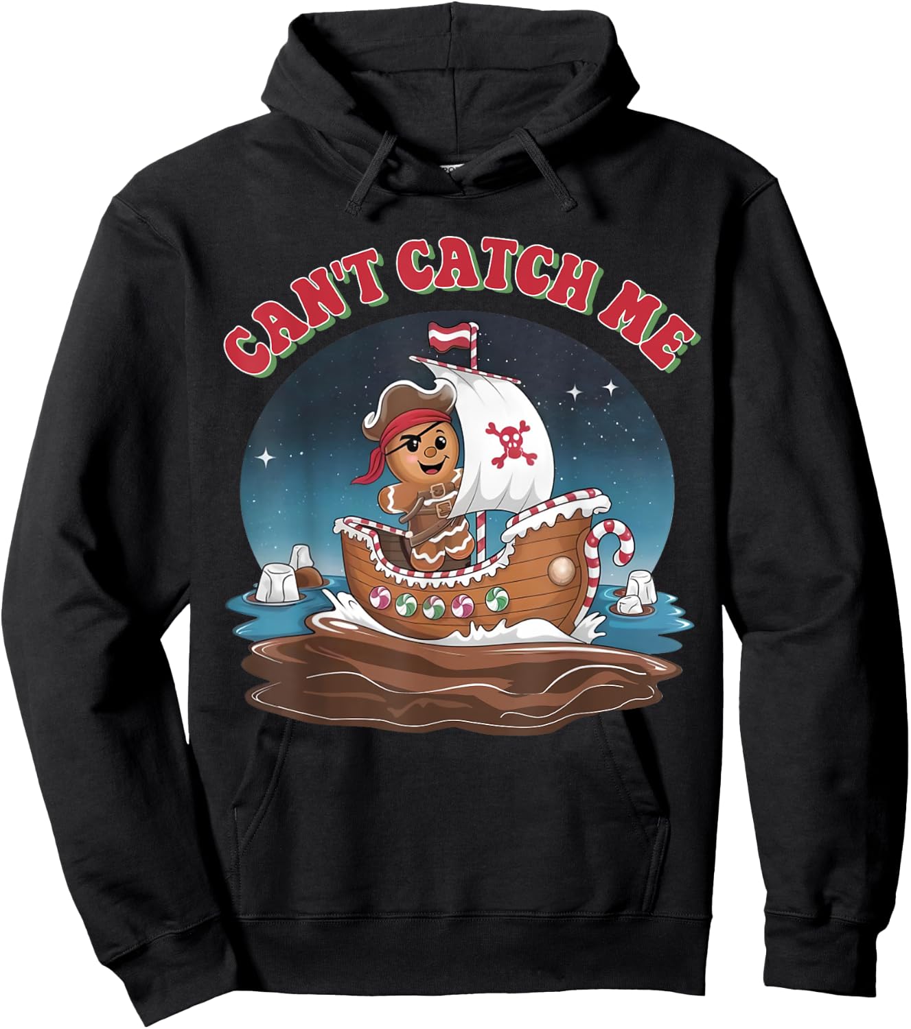 Can't Catch Me Retro Christmas Gingerbread Pirate Men Boy PJ Hoodie - Hoodie | Black