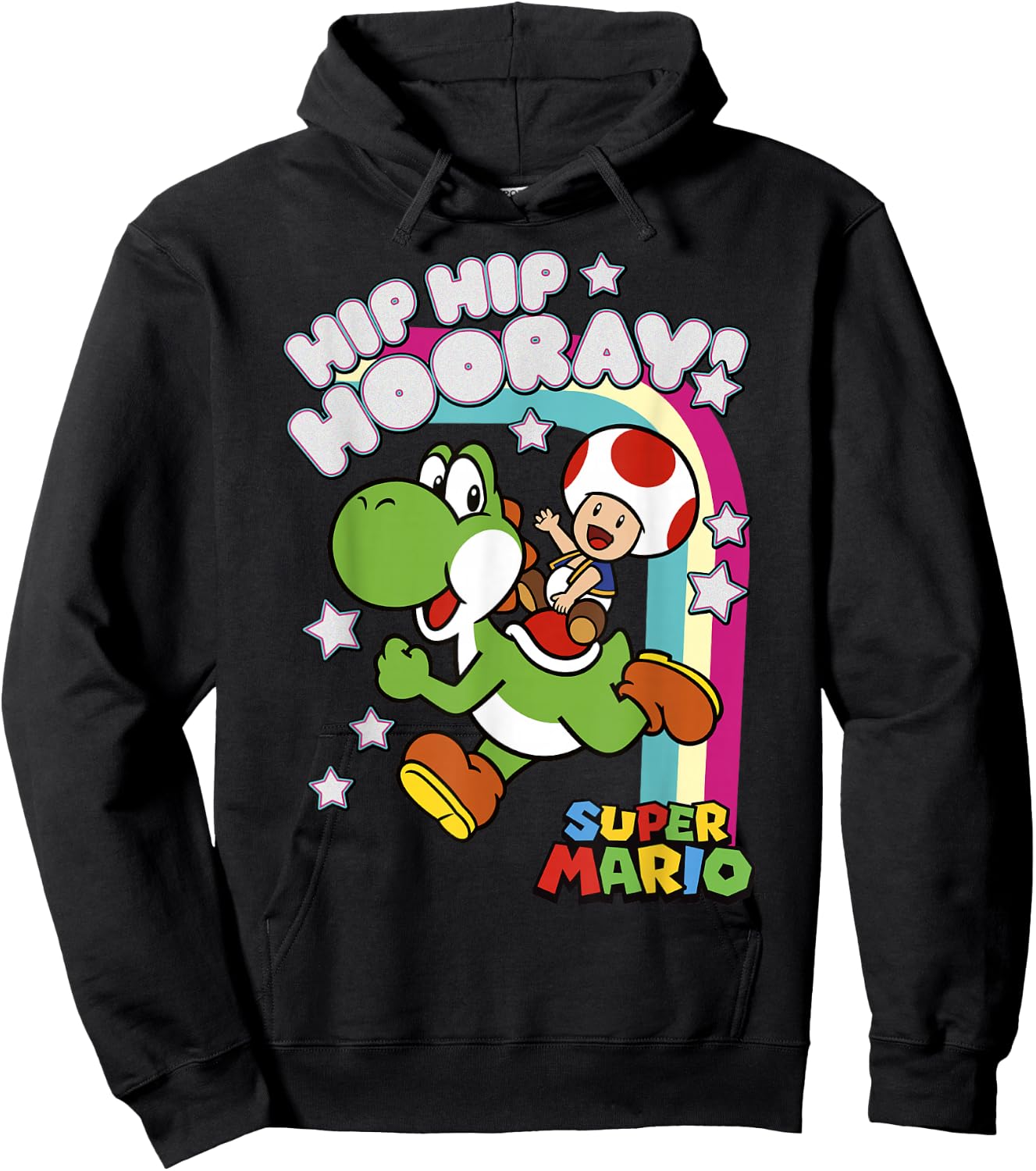Super Mario Yoshi and Toad Hip Hip Hooray Rainbow Hoodie - Hoodie | Black