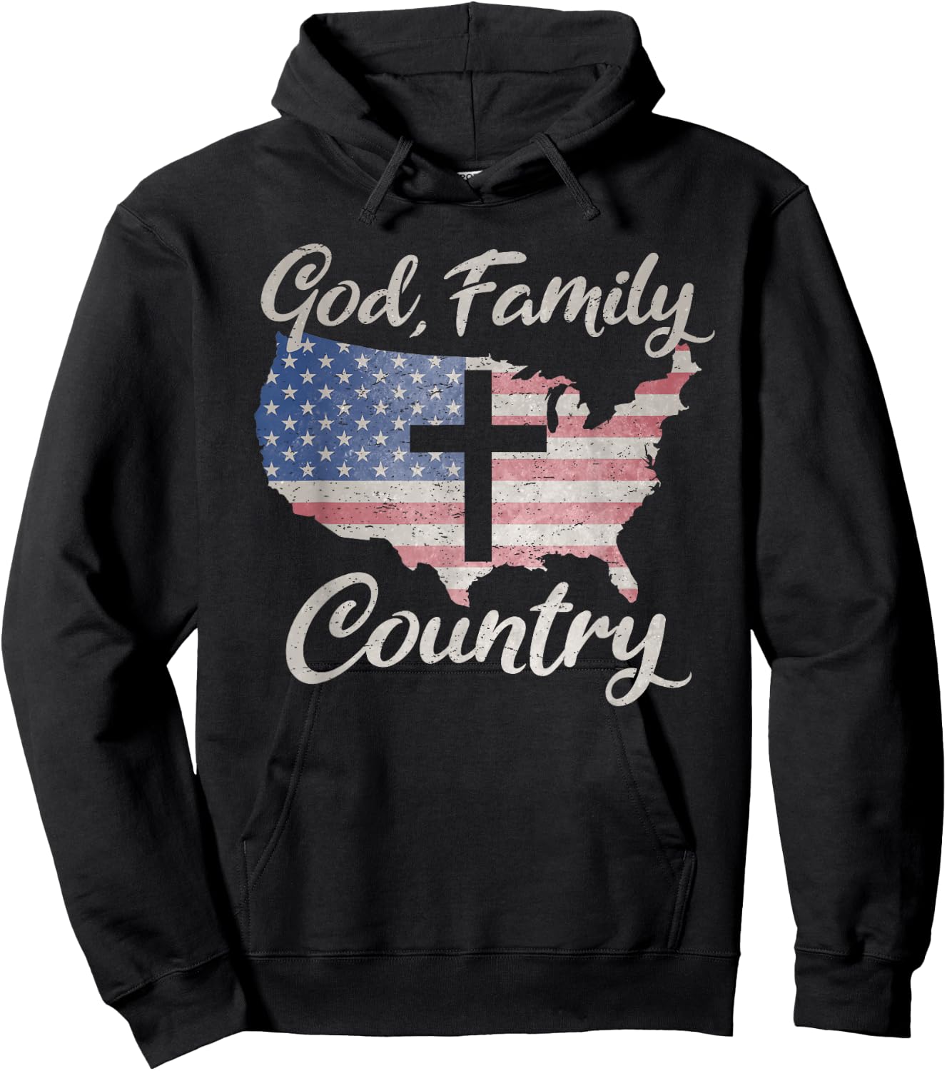 GOD FAMILY COUNTRY Christian Cross Vintage USA American Flag Hoodie - Hoodie | Black