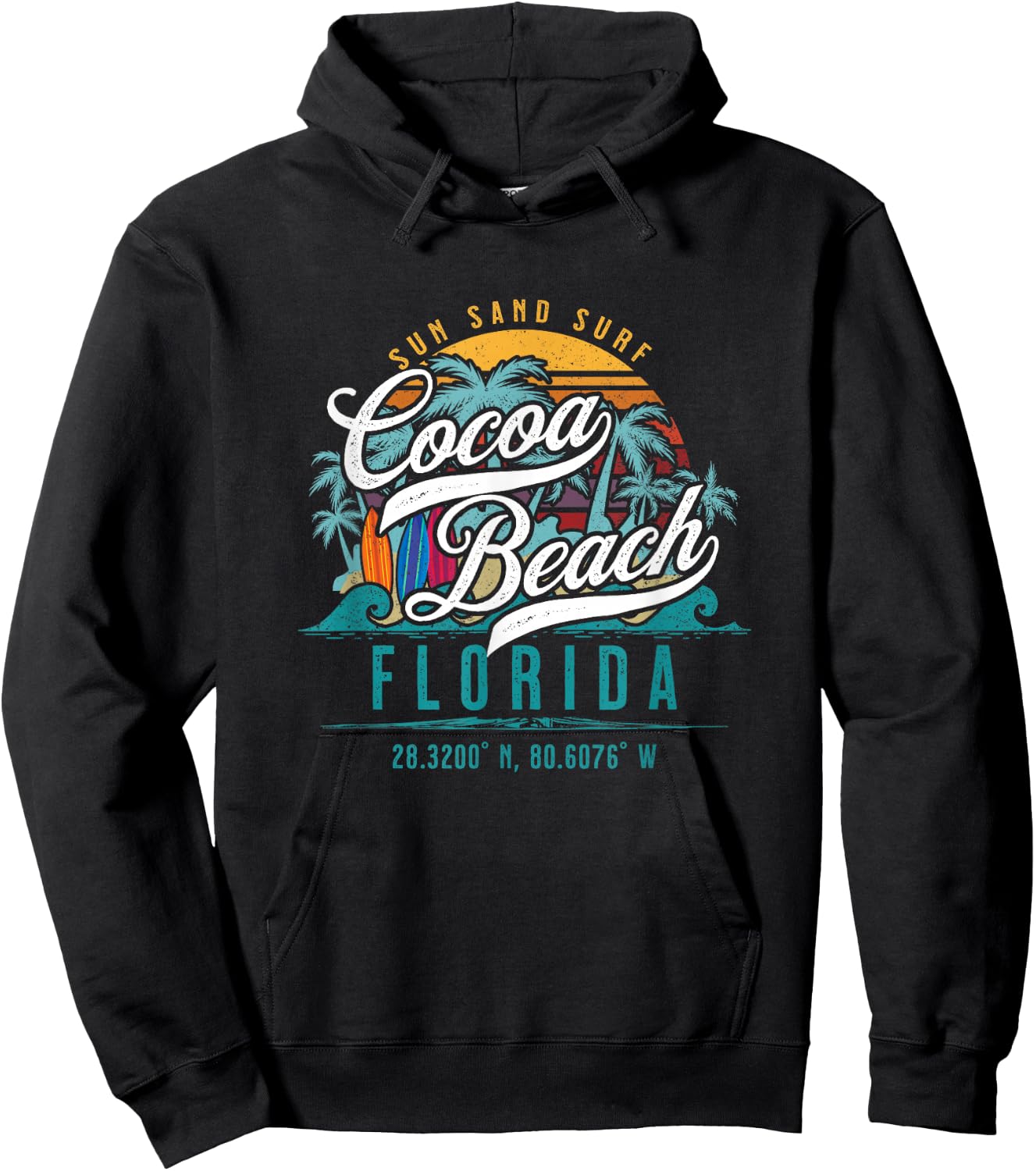 Cocoa Beach Florida Retro Sun Sand Surf Surfing Palm Trees Hoodie - Hoodie | Black