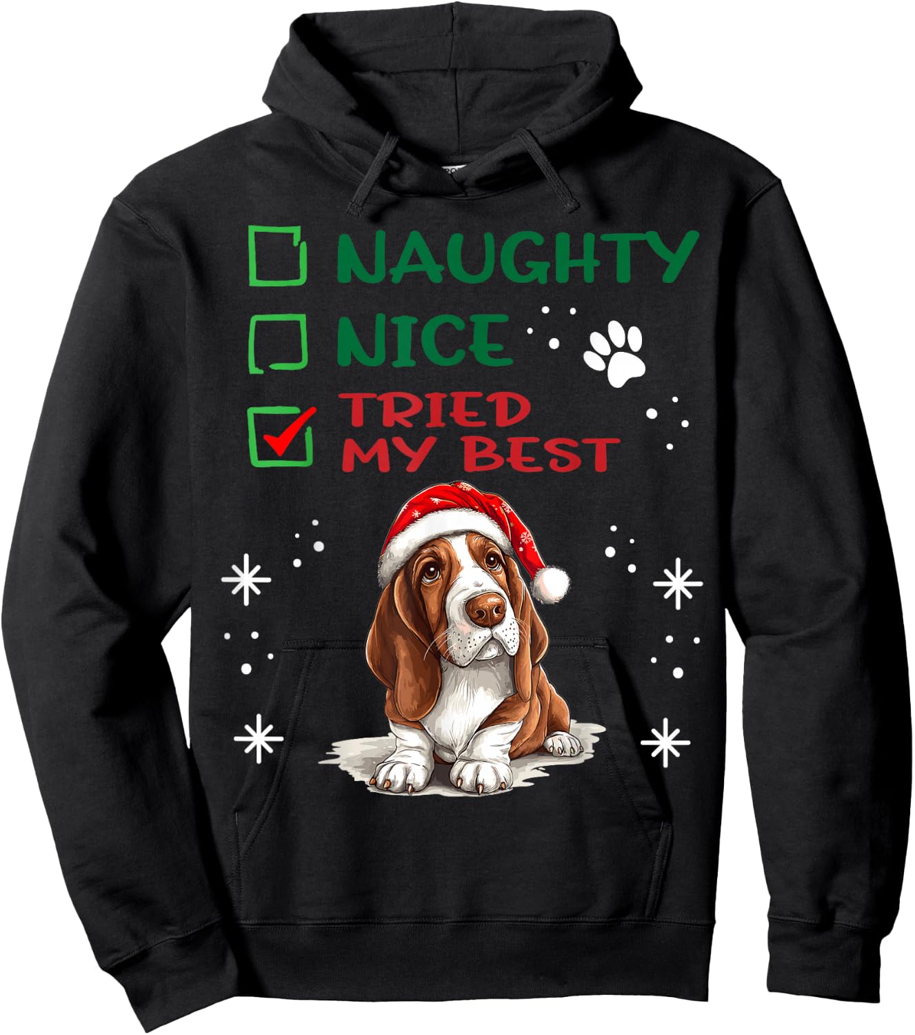 Cute Basset Hound Dog Christmas Naughty Nice Tried my Best Hoodie - Hoodie | Black