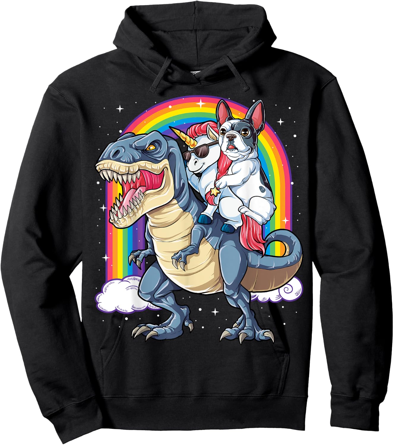 French Bulldog Unicorn Dinosaur T rex T shirt Girls Rainbow Hoodie - Hoodie | Black