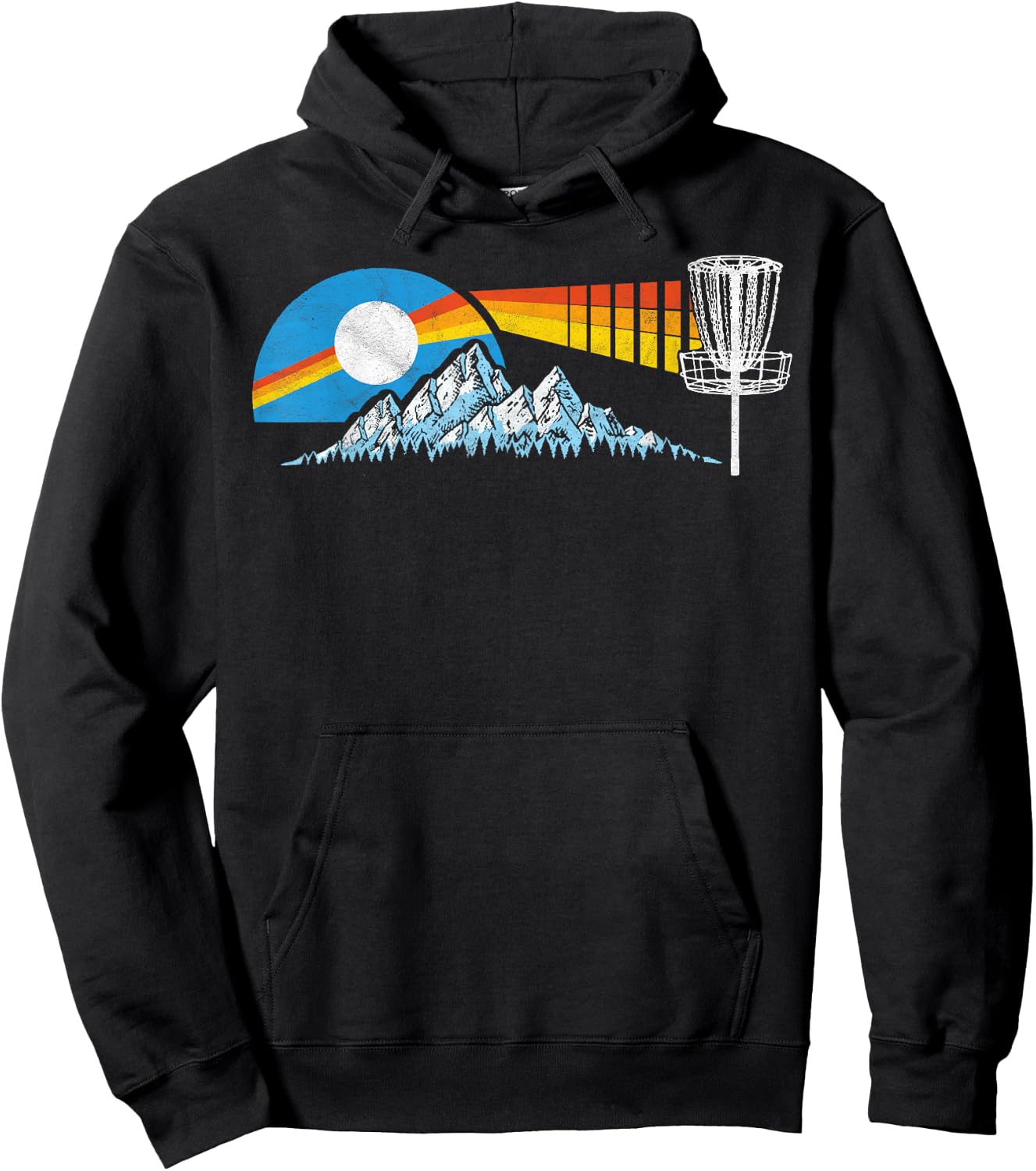 Disc Golf Distressed Mountains & Sun 80s Vintage Hoodie - Hoodie | Black