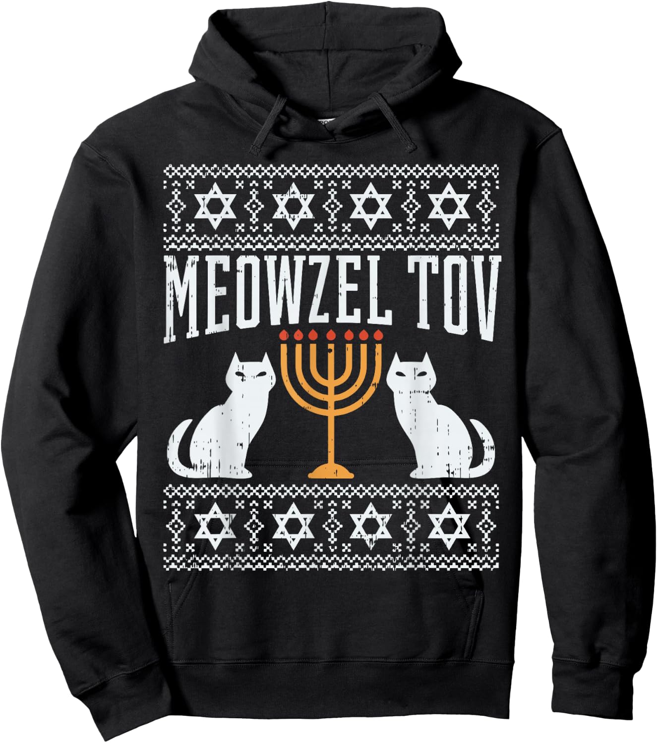 Meowzel Tov Chanukah Jewish Cat Owner Ugly Hanukkah Gift Hoodie - Hoodie | Black