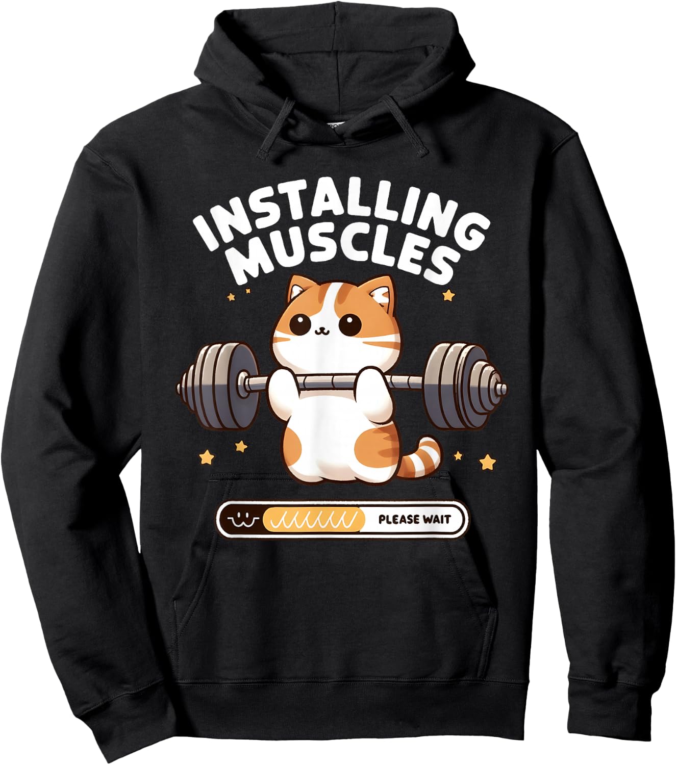 Installing Muscles Please Wait Funny Cat Weightlifting Hoodie - Hoodie | Black