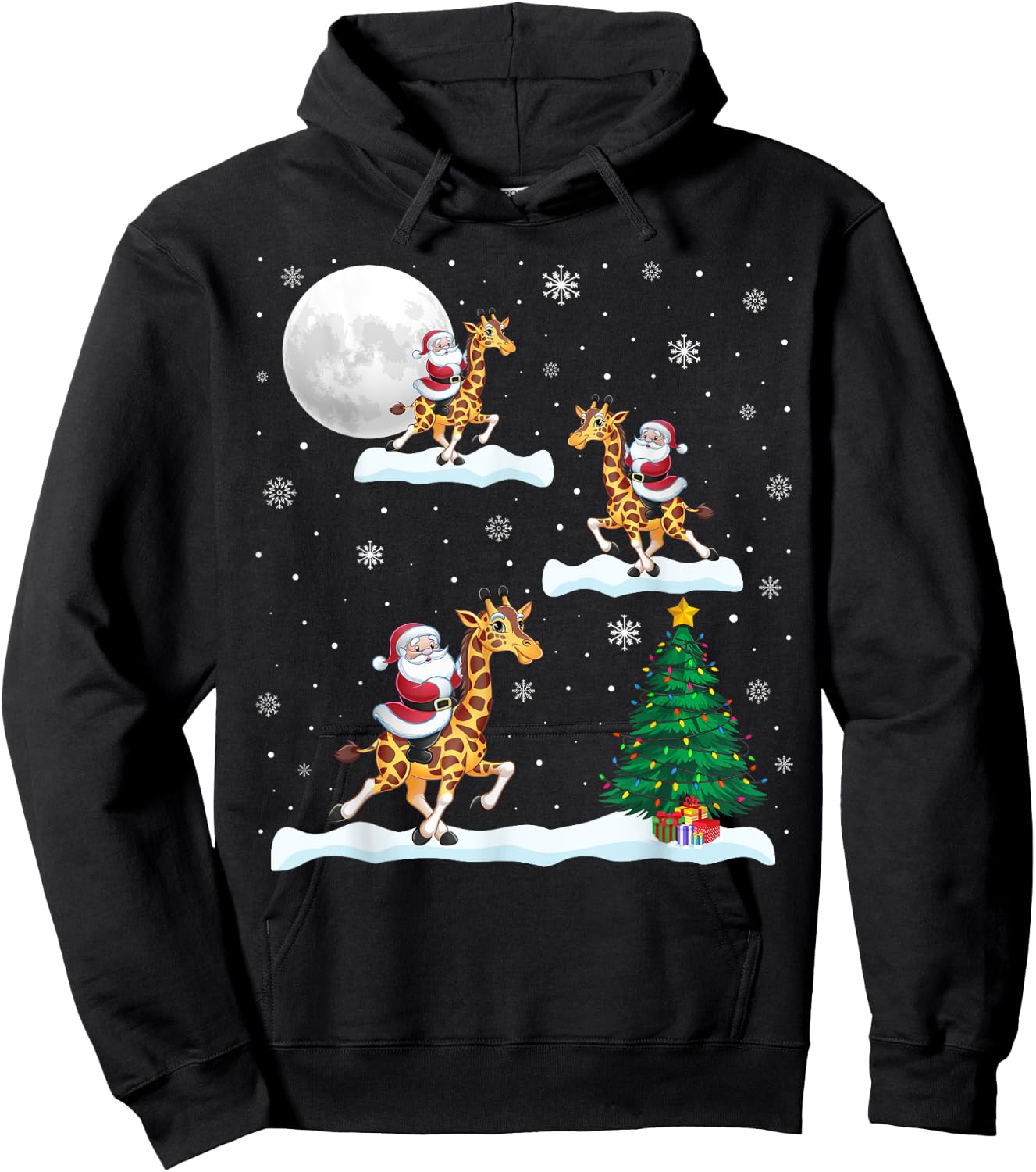 Funny Xmas Lighting Tree Santa Riding Giraffe Christmas Hoodie - Hoodie | Black