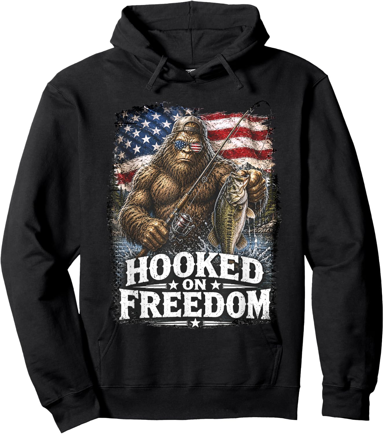 Hooked On Freedom Bigfoot Fishing Patriotic USA Hoodie - Hoodie | Black