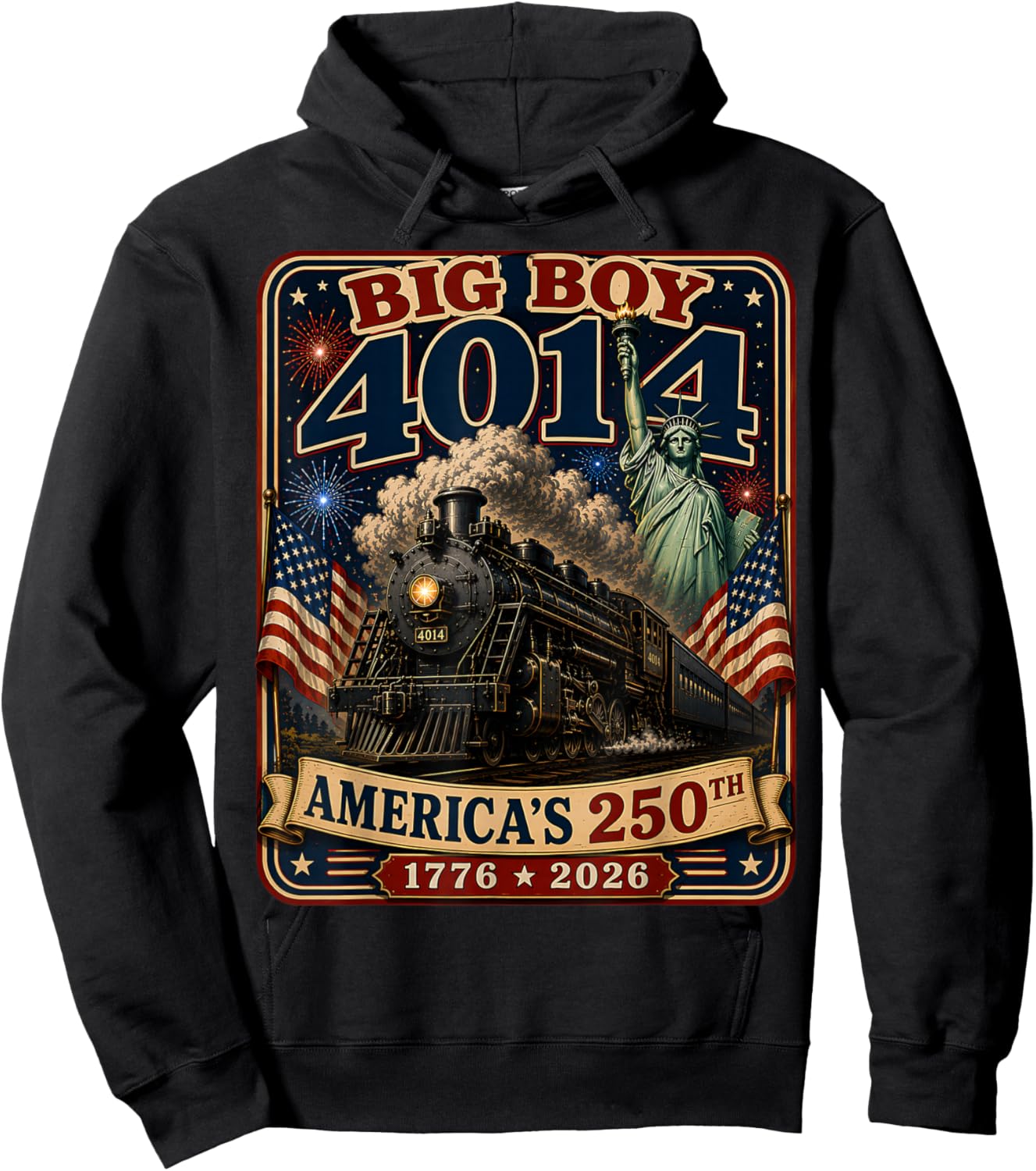 250th Anniversary USA Big Boy 4014 Train Vintage US Flag Hoodie - Hoodie | Black