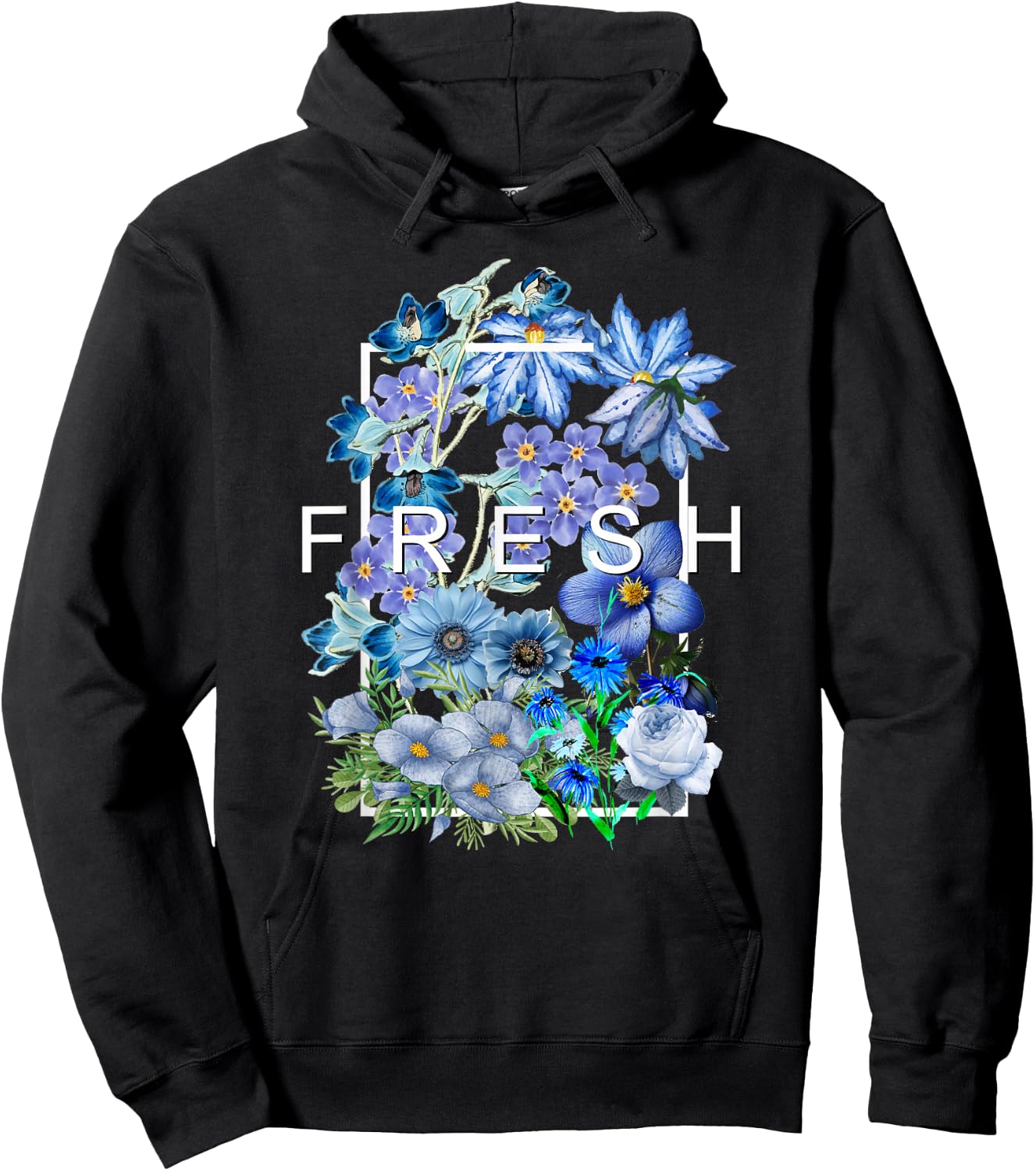 Blue Fresh Bloom Flowers Blue Color Graphic Hoodie - Hoodie | Black