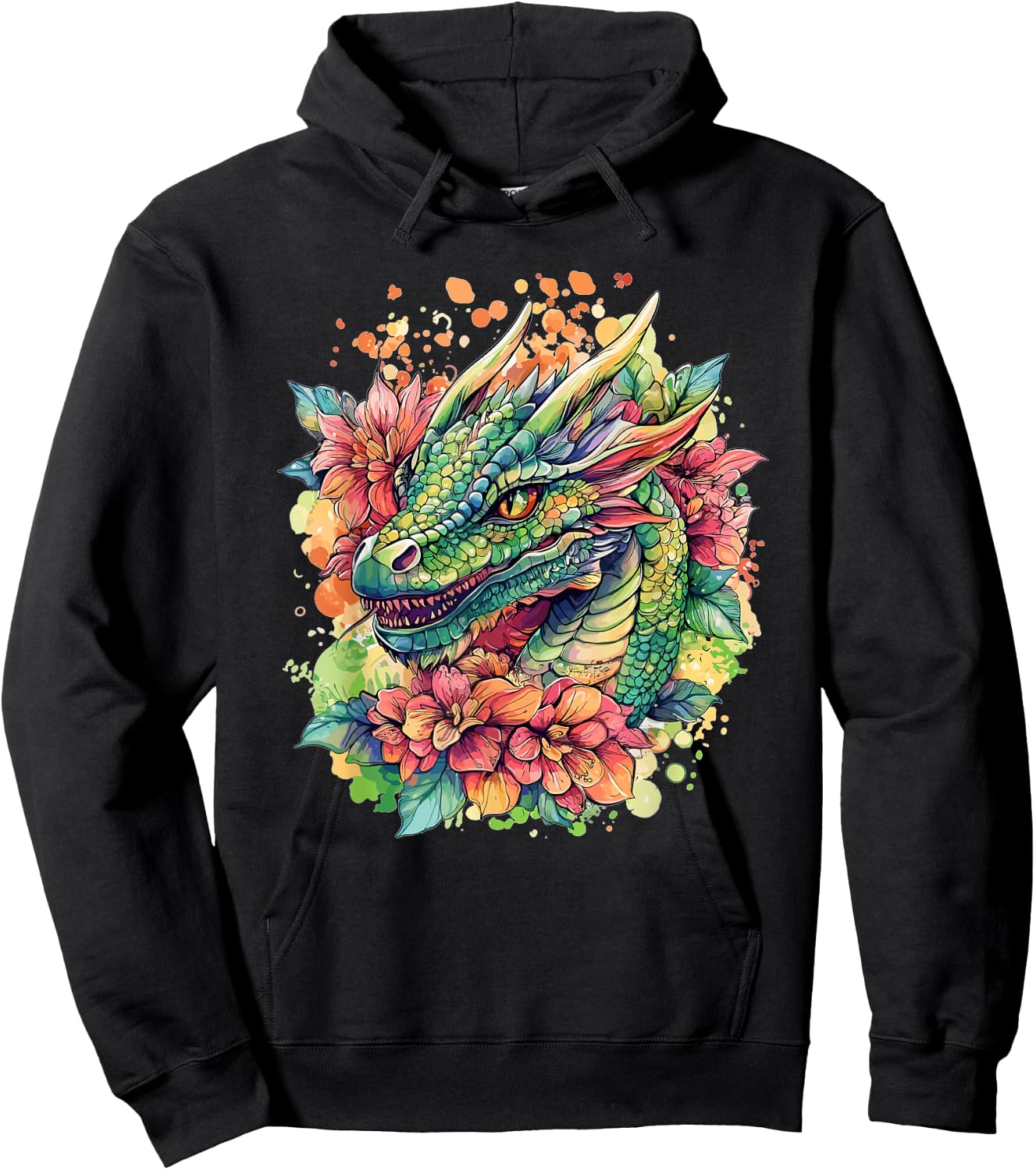 Colorful Dragon Surrounded By Flowers Hoodie - Hoodie | Black