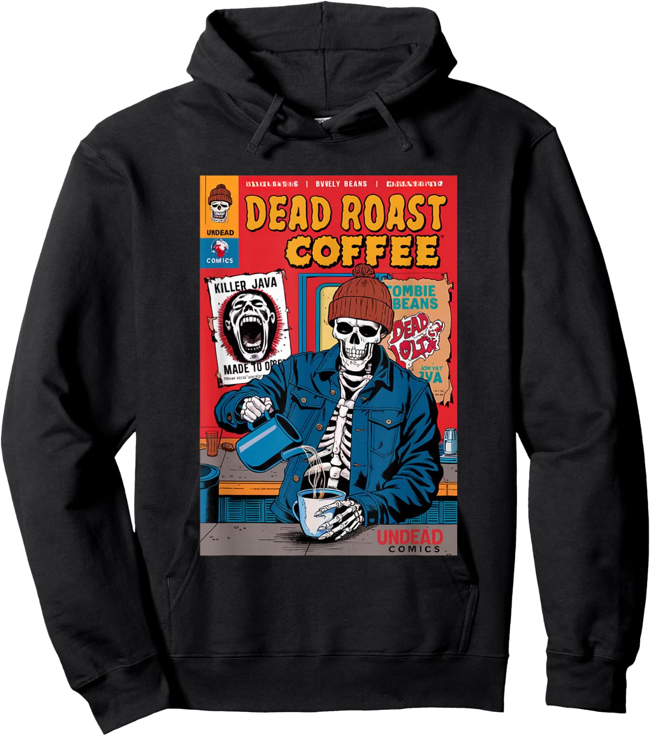 Dead Roast Coffee Comic Book Cover Style Skeleton Barista Hoodie - Hoodie | Black
