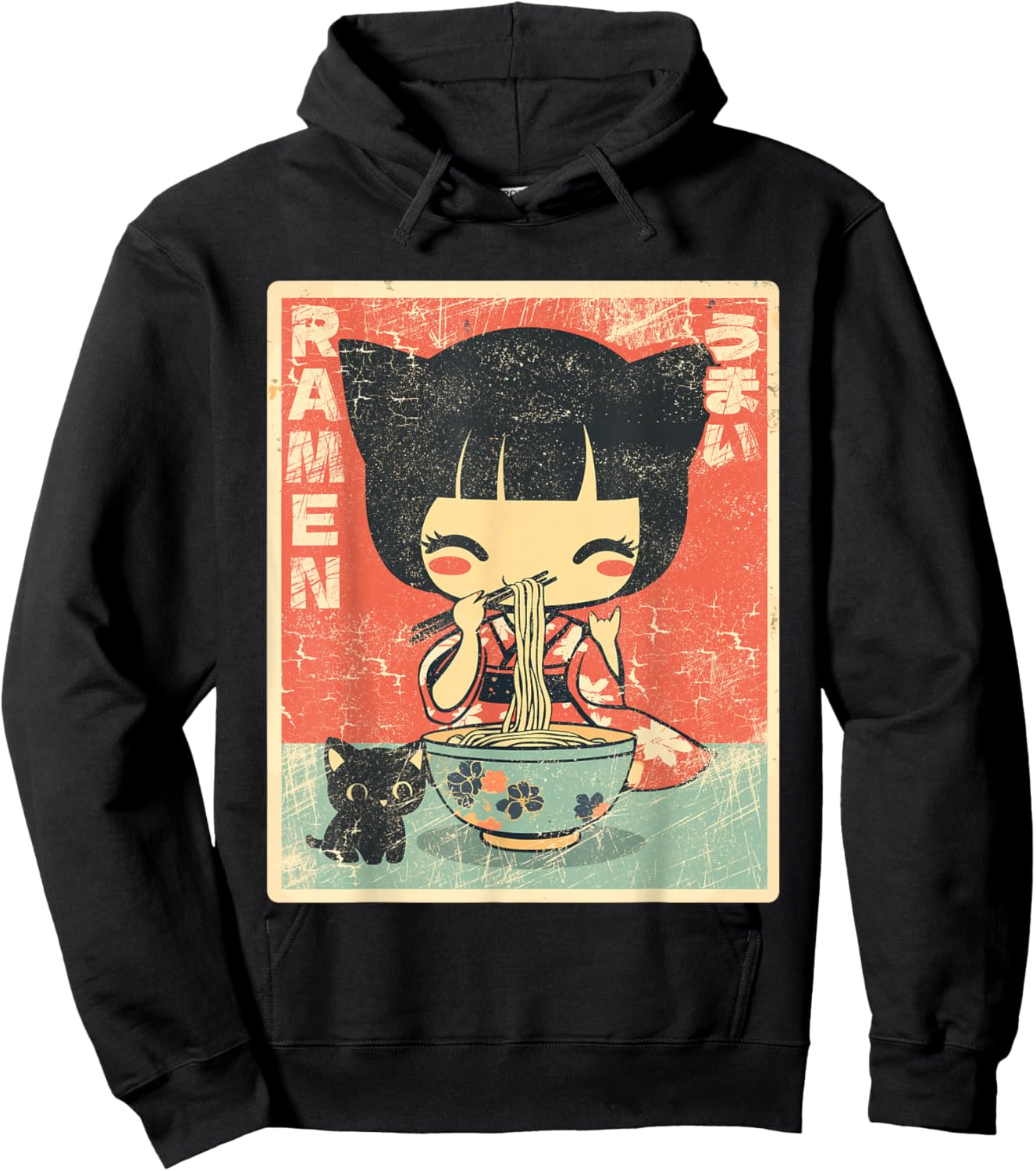 Japanese Kawaii Chibi Girl with Cat Ears Eating Ramen Hoodie - Hoodie | Black