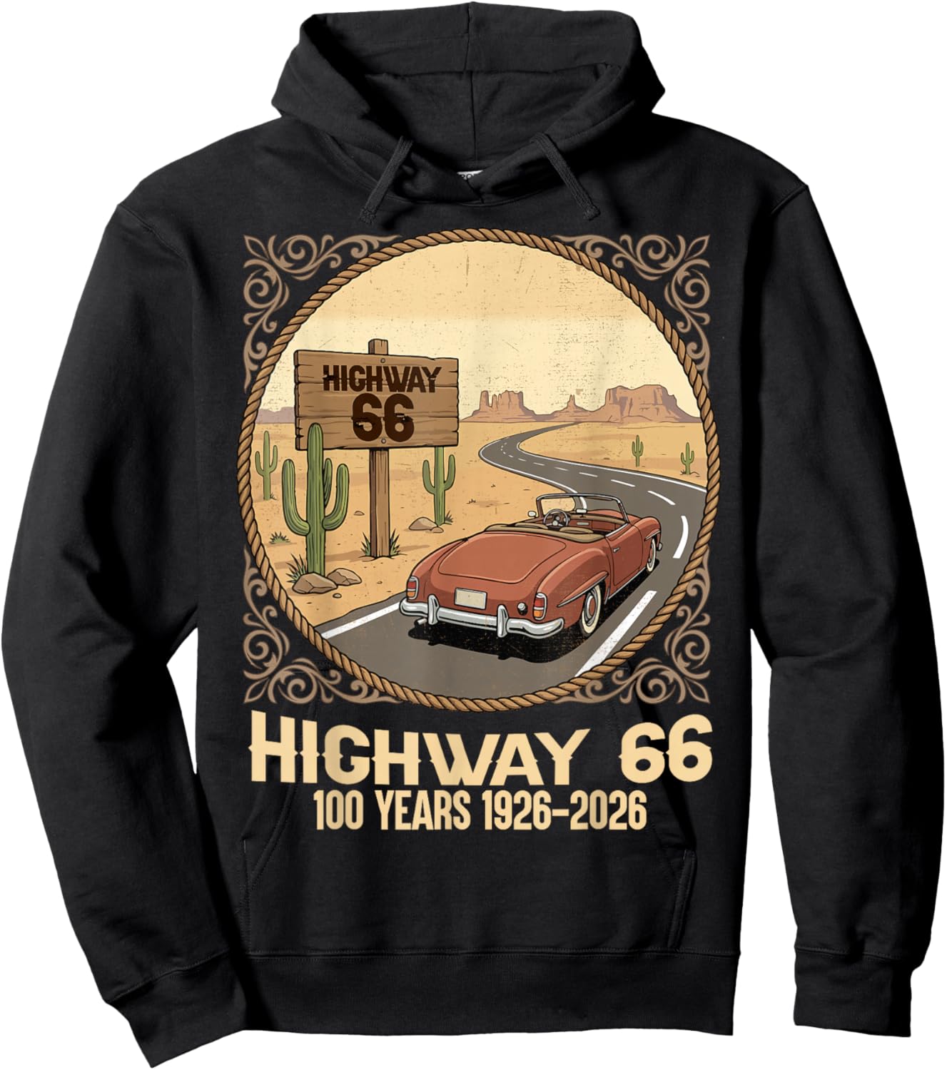 Highway 66 100 Years 1926-2026 Classic Car Lover Anniversary Hoodie - Hoodie | Black