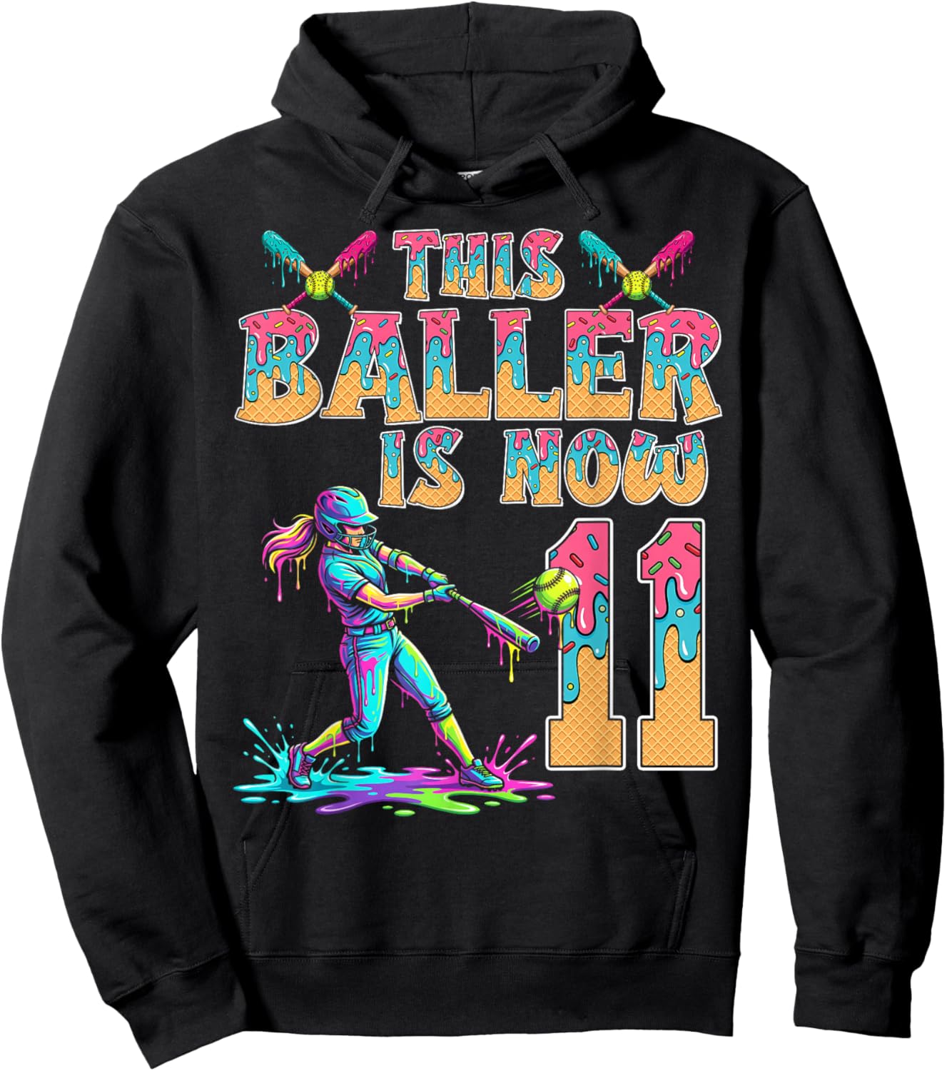 This Baller is Now 11 Years Old Birthday Girl Softball 11th Hoodie - Hoodie | Black