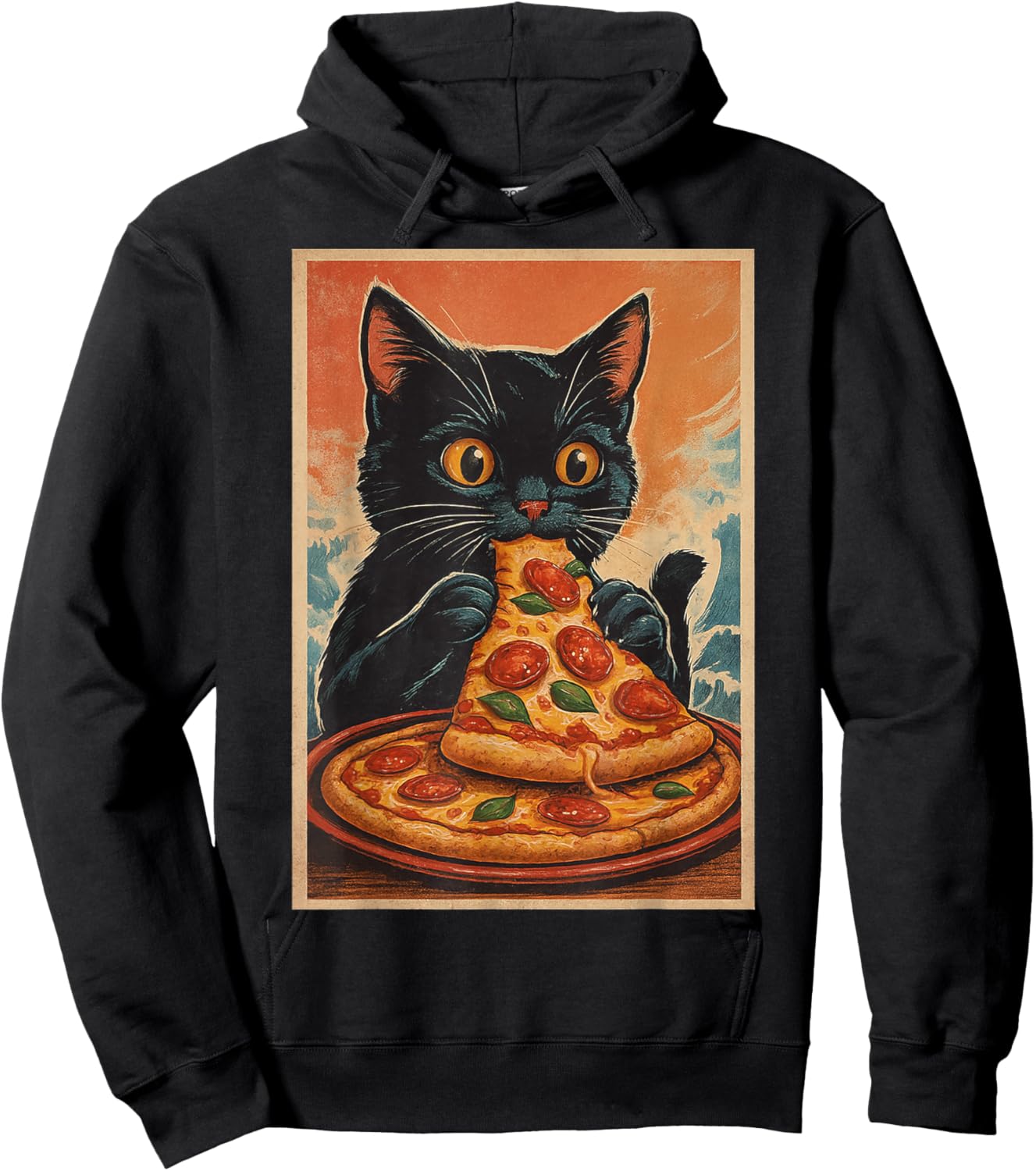 Funny Black Cat Eating Pizza Retro Japanese Hoodie - Hoodie | Black