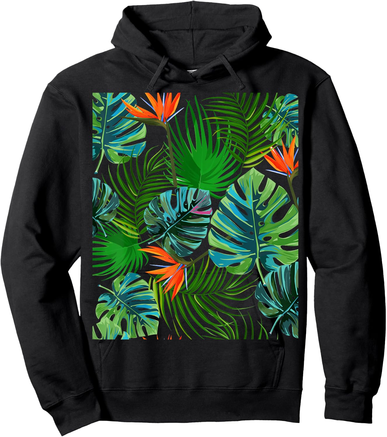 Birds of Paradise Tropical Floral Pattern Printed Hoodie - Hoodie | Black